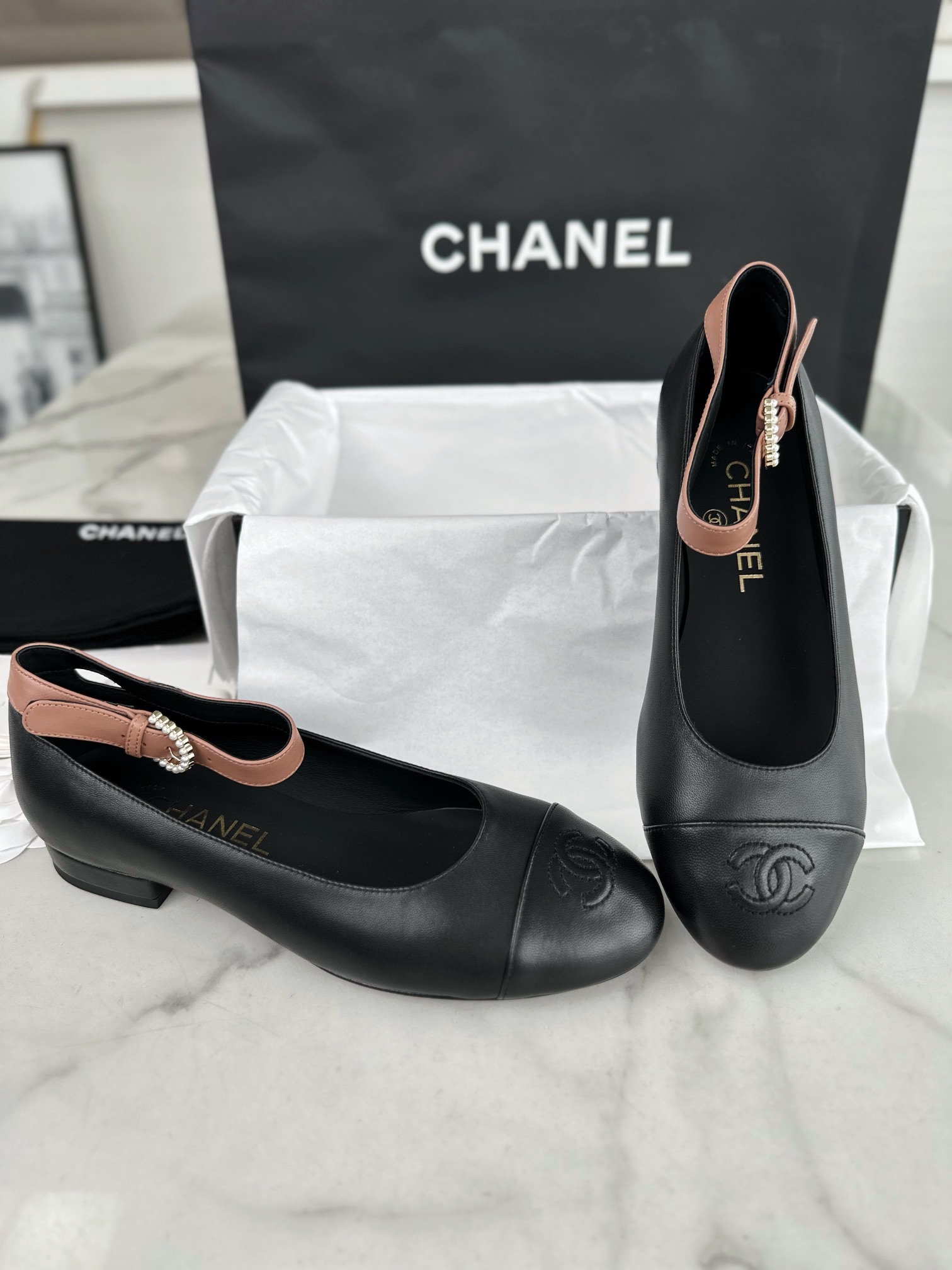 Chanel Color Block Mary Janes with Pearl Button -  Crafted Entirely from Italian 