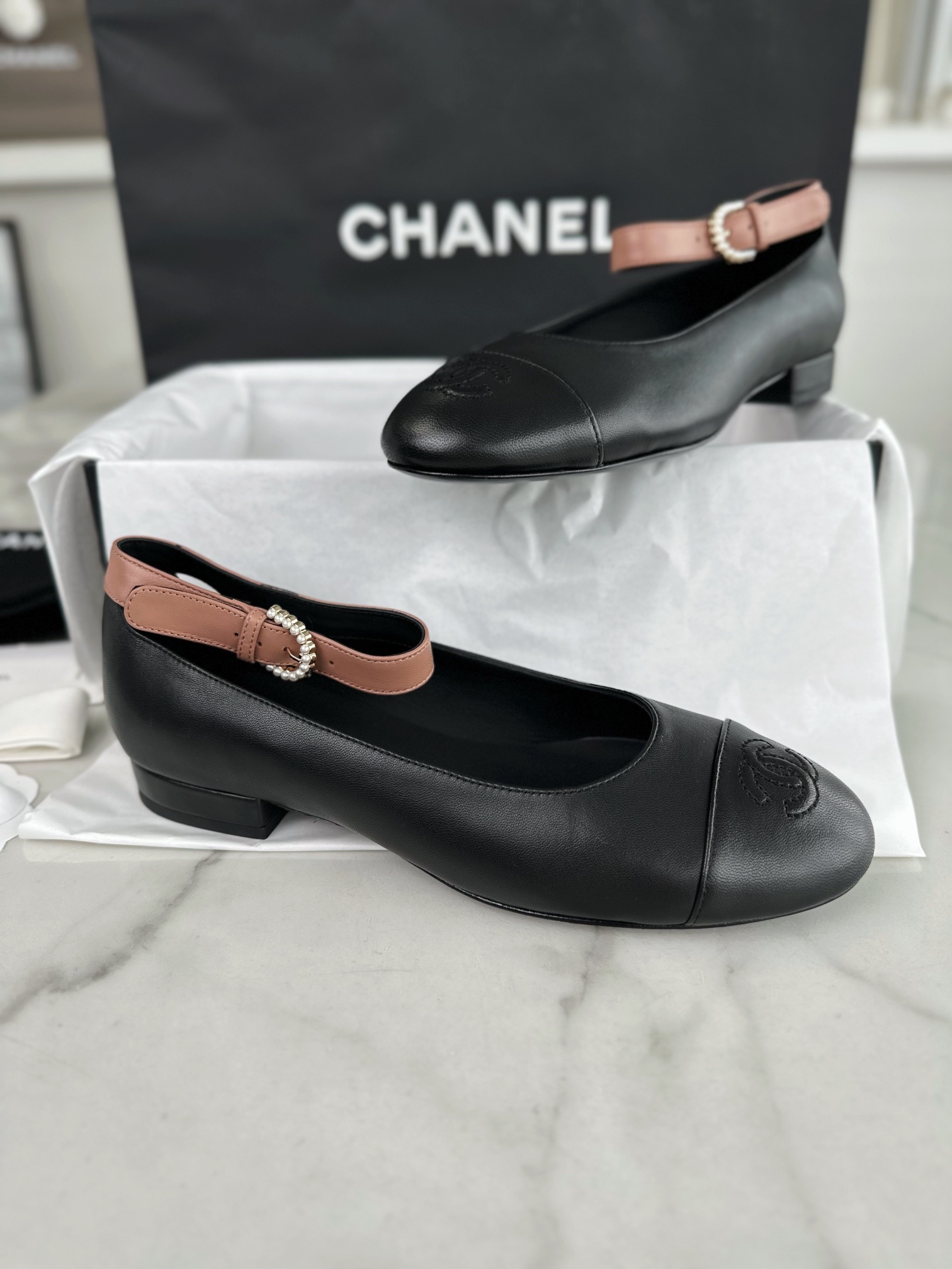 Chanel Color Block Mary Janes with Pearl Button -  Crafted Entirely from Italian 