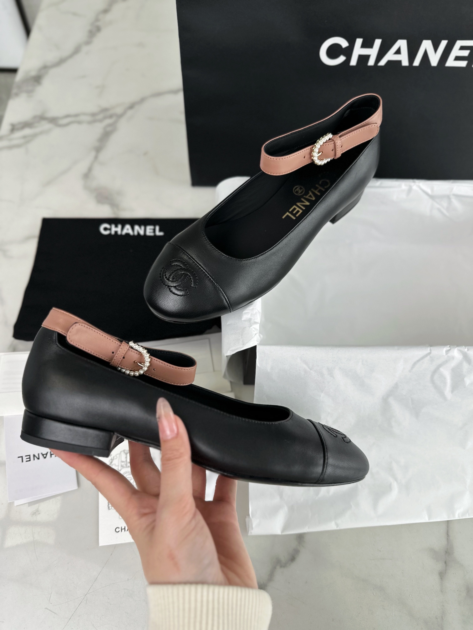 Chanel Color Block Mary Janes with Pearl Button -  Crafted Entirely from Italian 