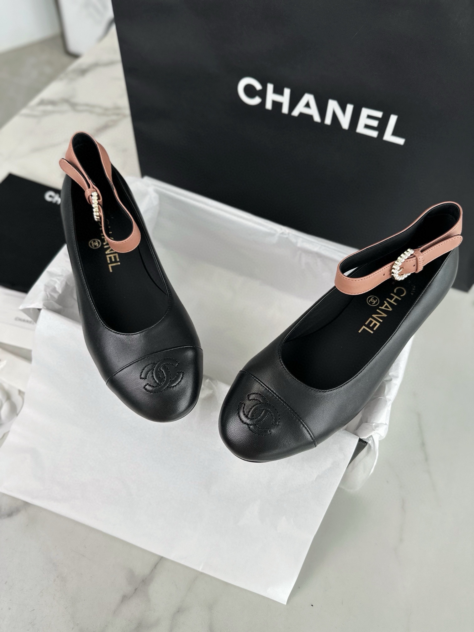 Chanel Color Block Mary Janes with Pearl Button -  Crafted Entirely from Italian 