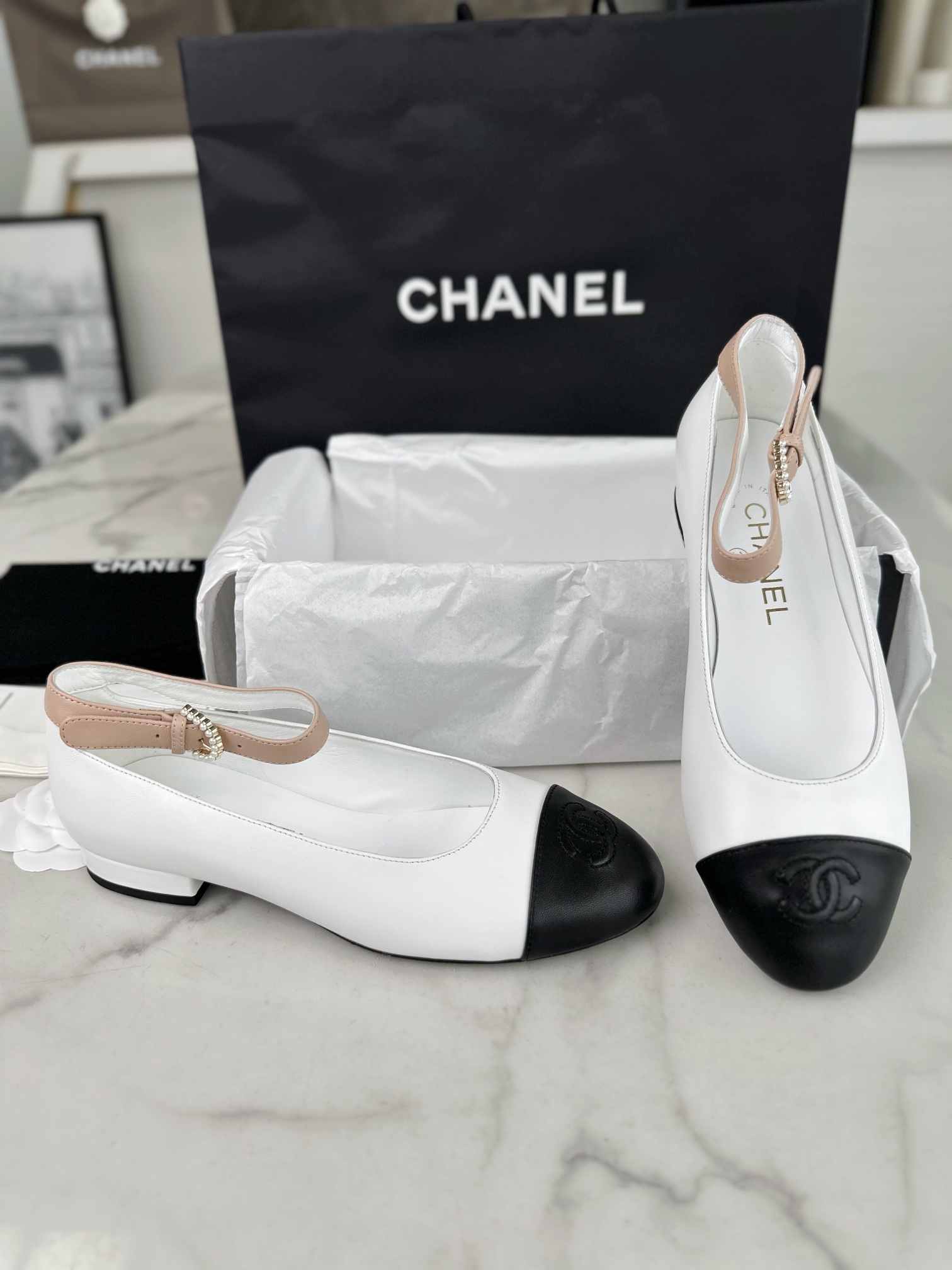 Chanel Pearl Button Black and White Contrast Mary Janes