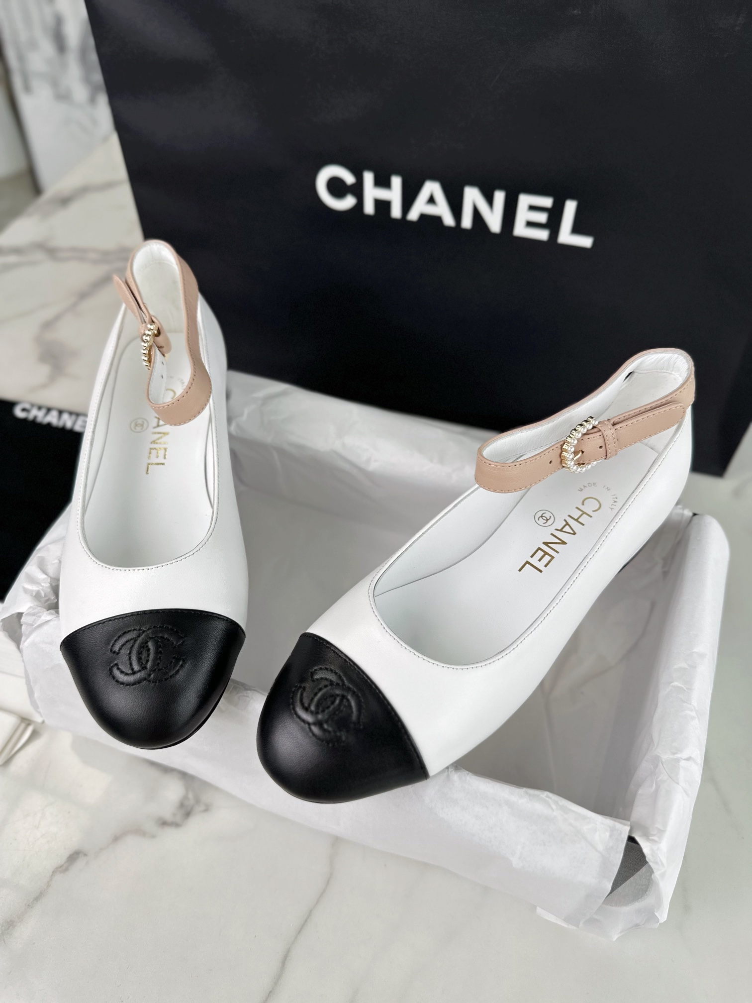 Chanel Pearl Button Black and White Contrast Mary Janes