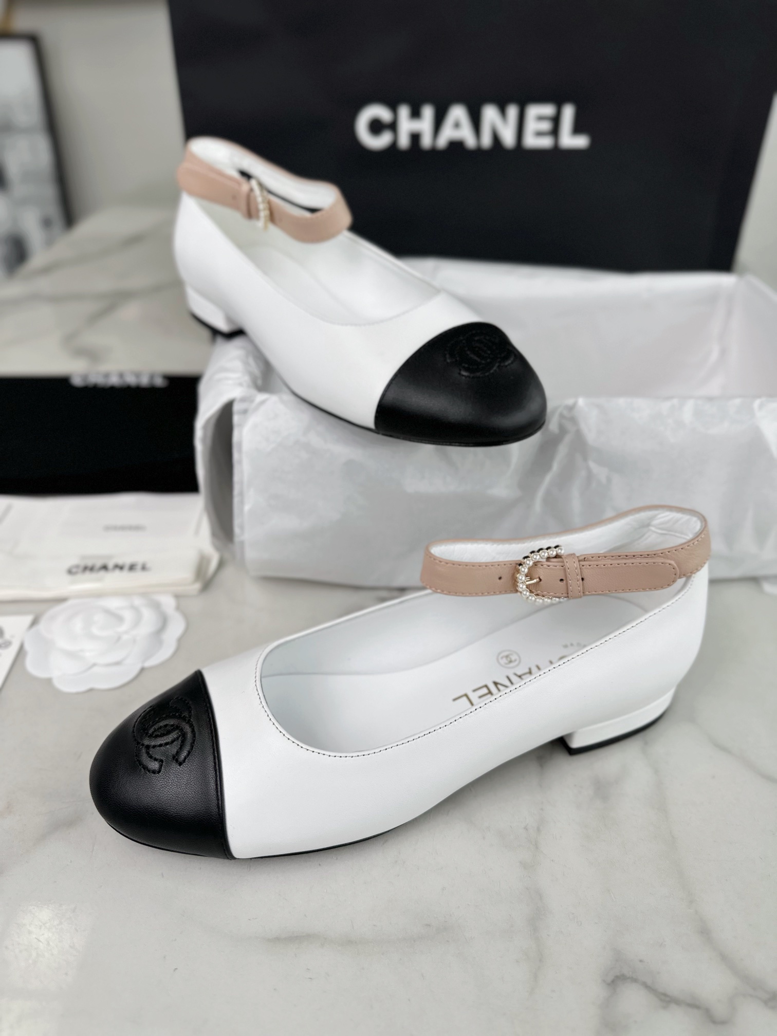 Chanel Pearl Button Black and White Contrast Mary Janes