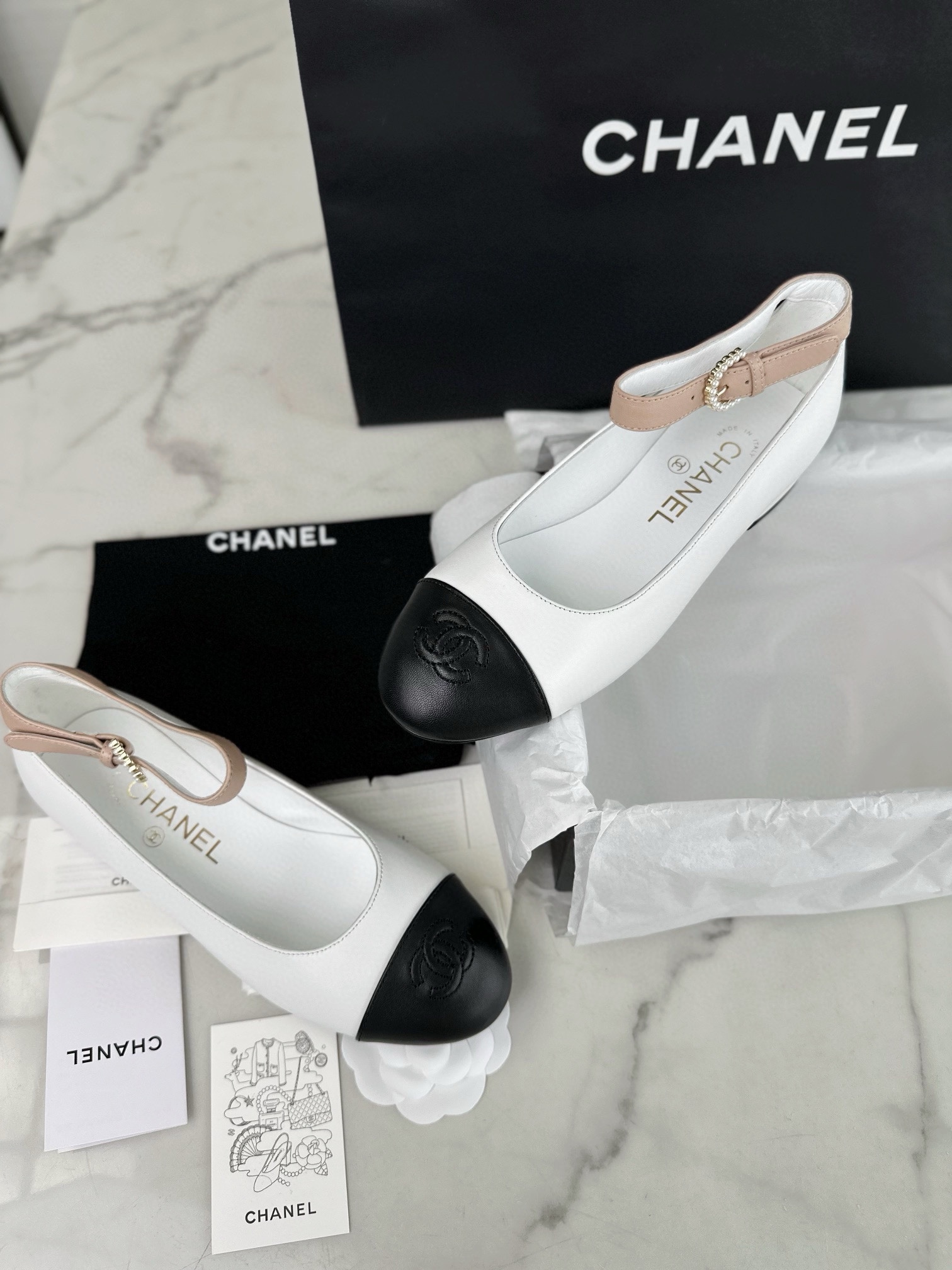 Chanel Pearl Button Black and White Contrast Mary Janes