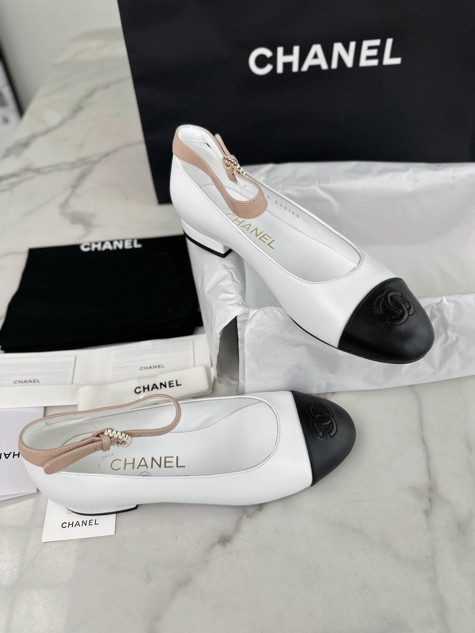 Chanel Pearl Button Black and White Contrast Mary Janes