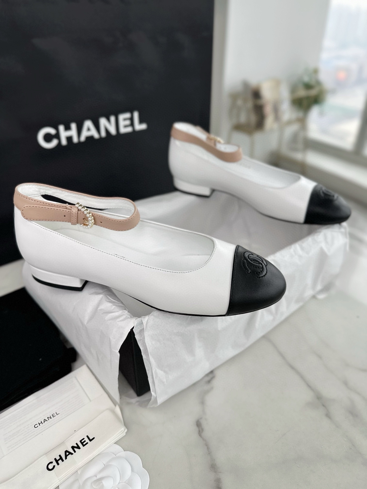 Chanel Pearl Button Black and White Contrast Mary Janes