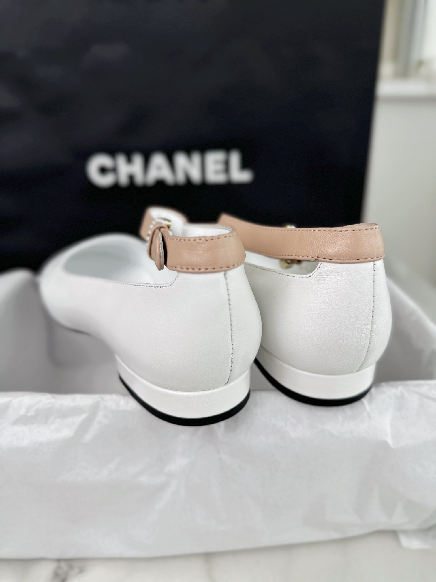 Chanel Pearl Button Black and White Contrast Mary Janes