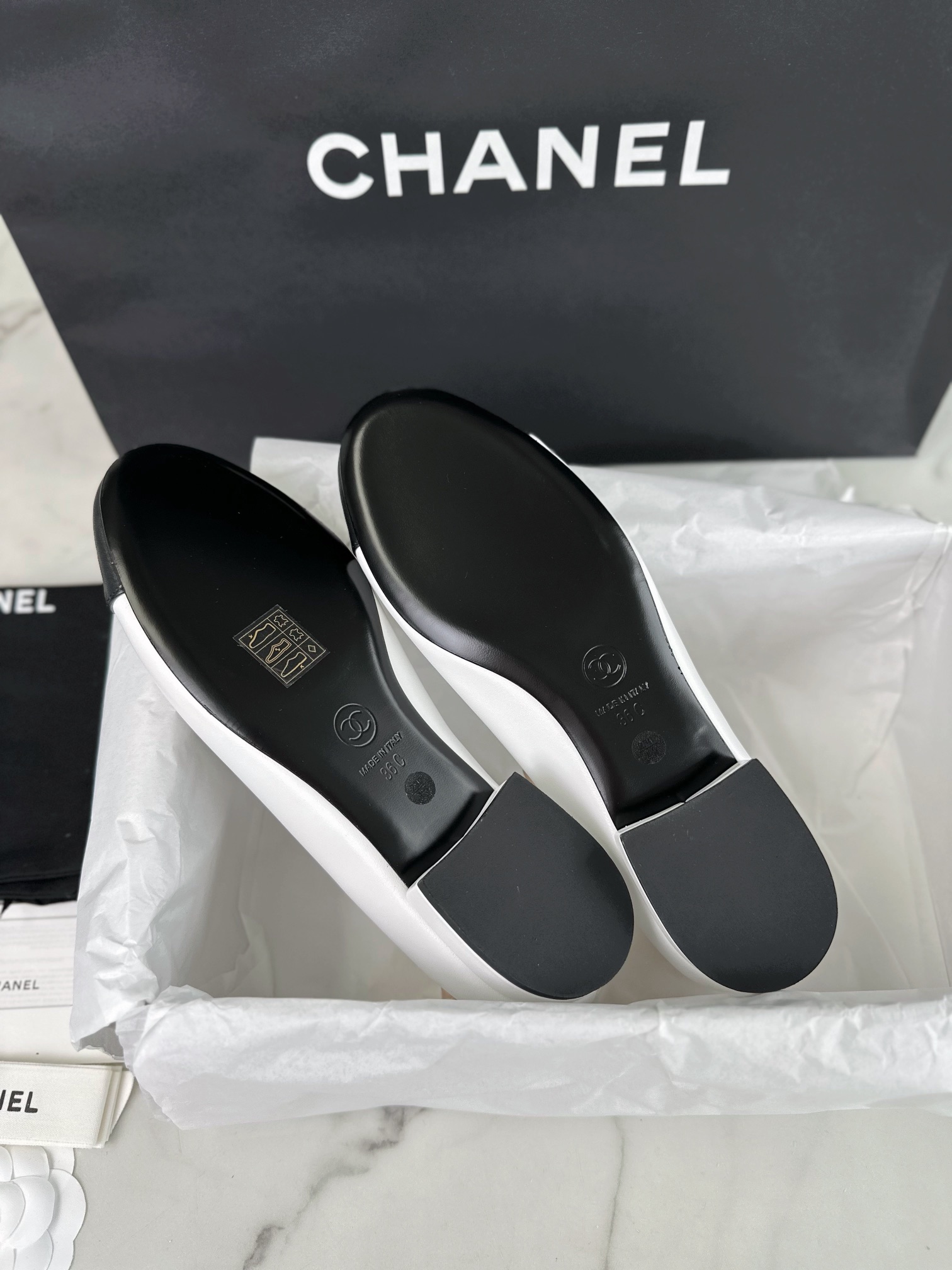 Chanel Pearl Button Black and White Contrast Mary Janes