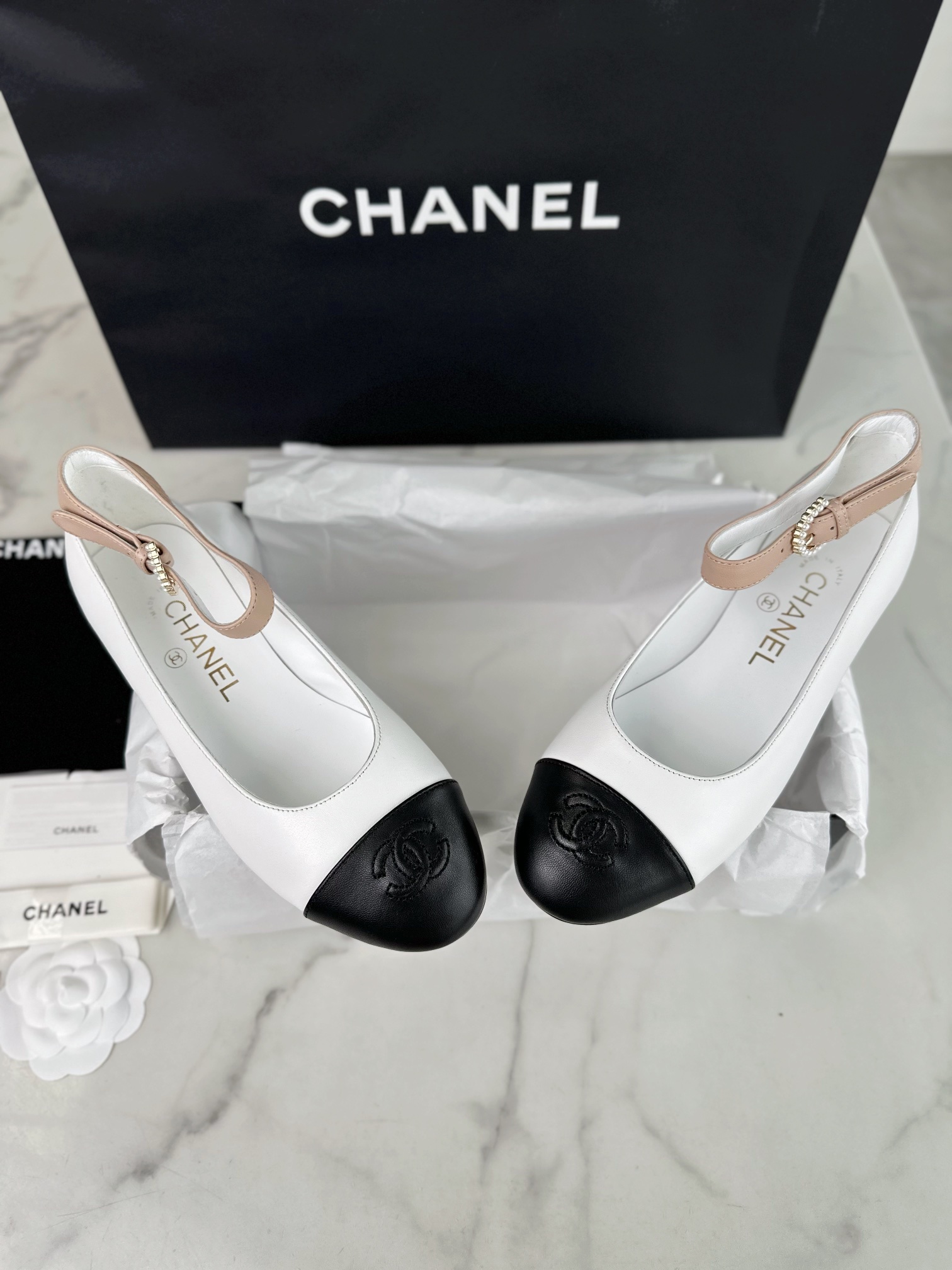 Chanel Pearl Button Black and White Contrast Mary Janes