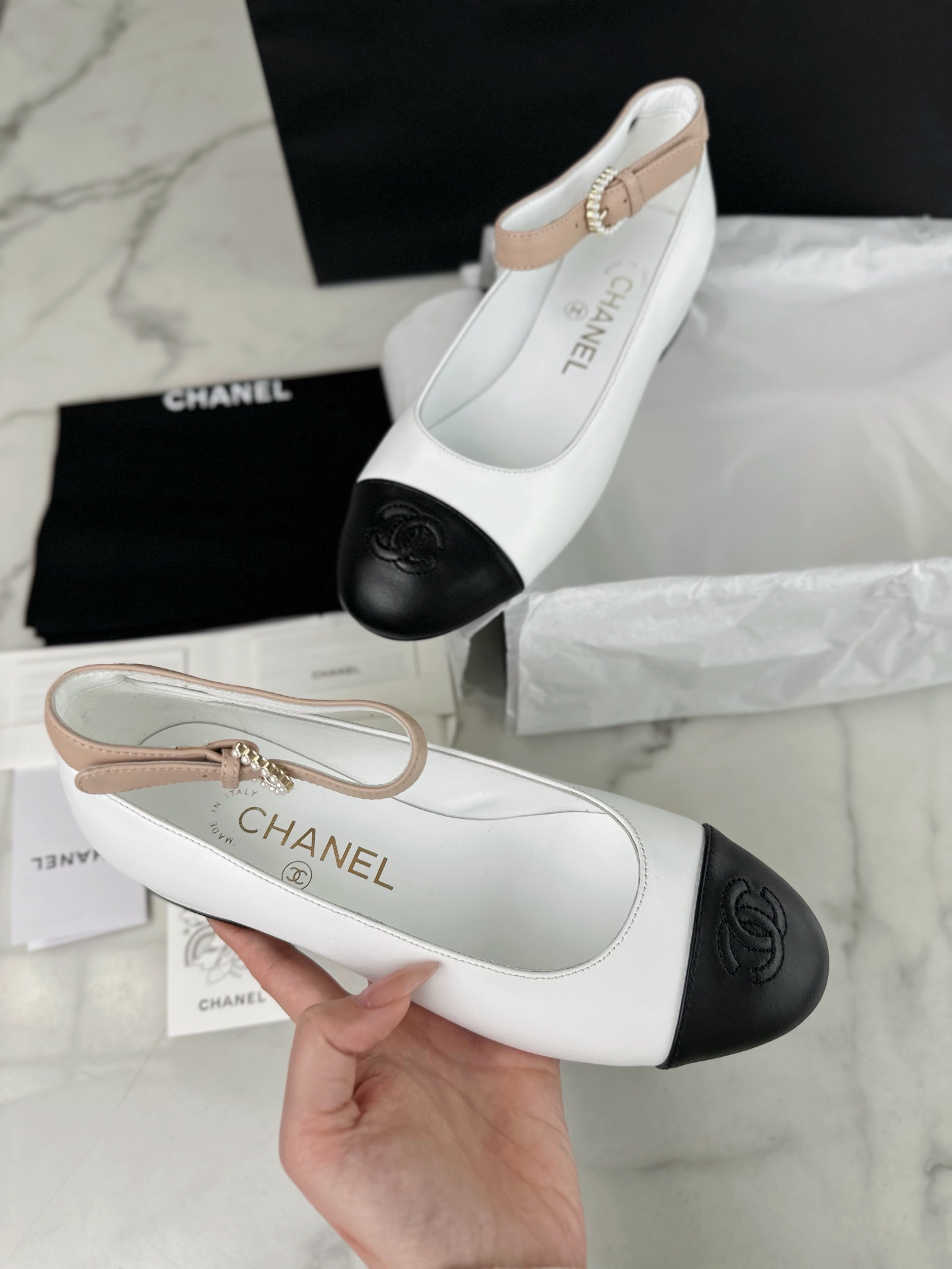 Chanel Pearl Button Black and White Contrast Mary Janes