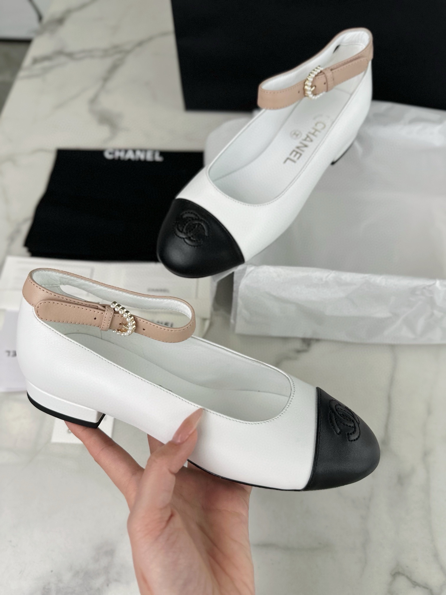 Chanel Pearl Button Black and White Contrast Mary Janes