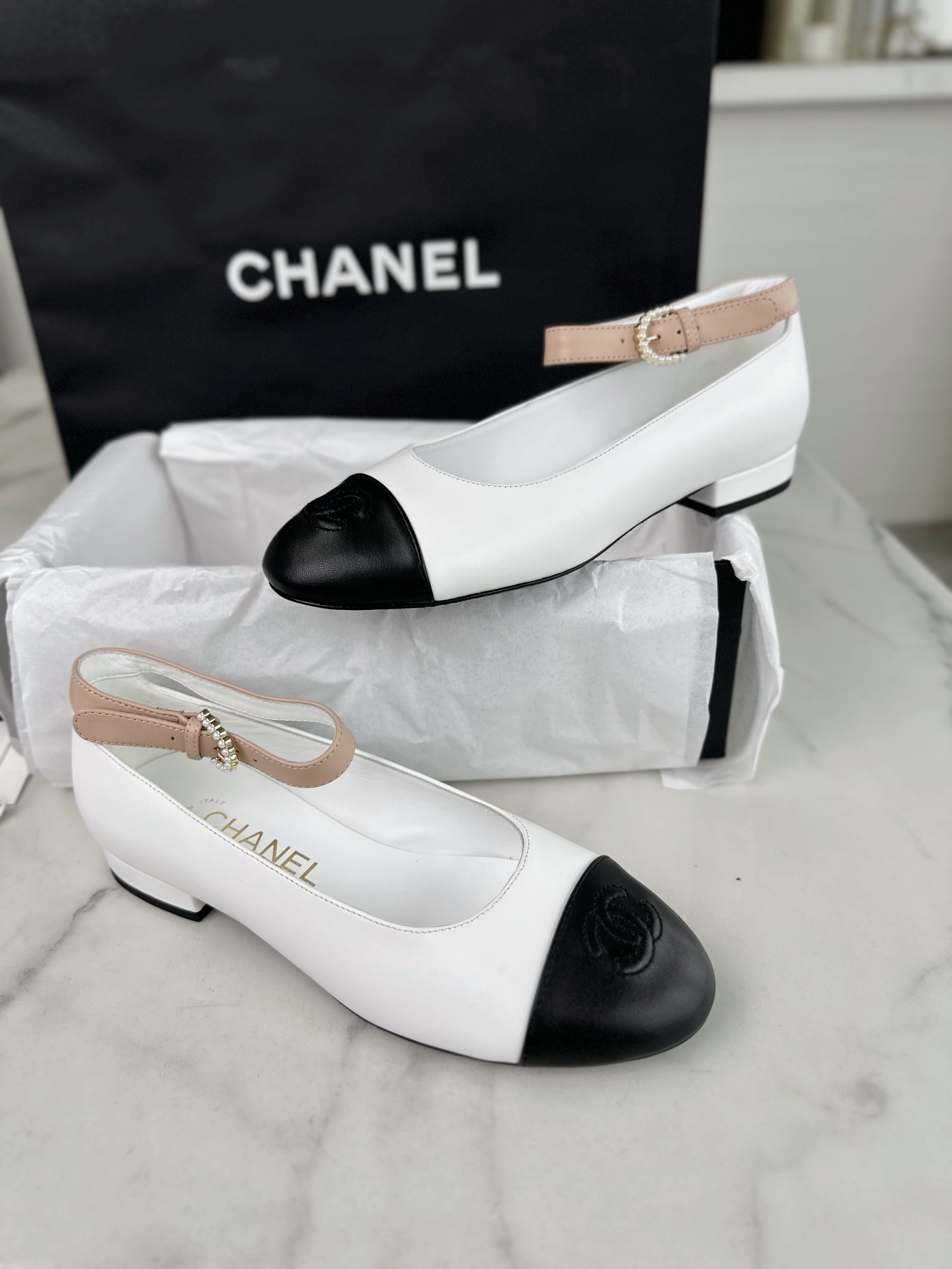 Chanel Pearl Button Black and White Contrast Mary Janes