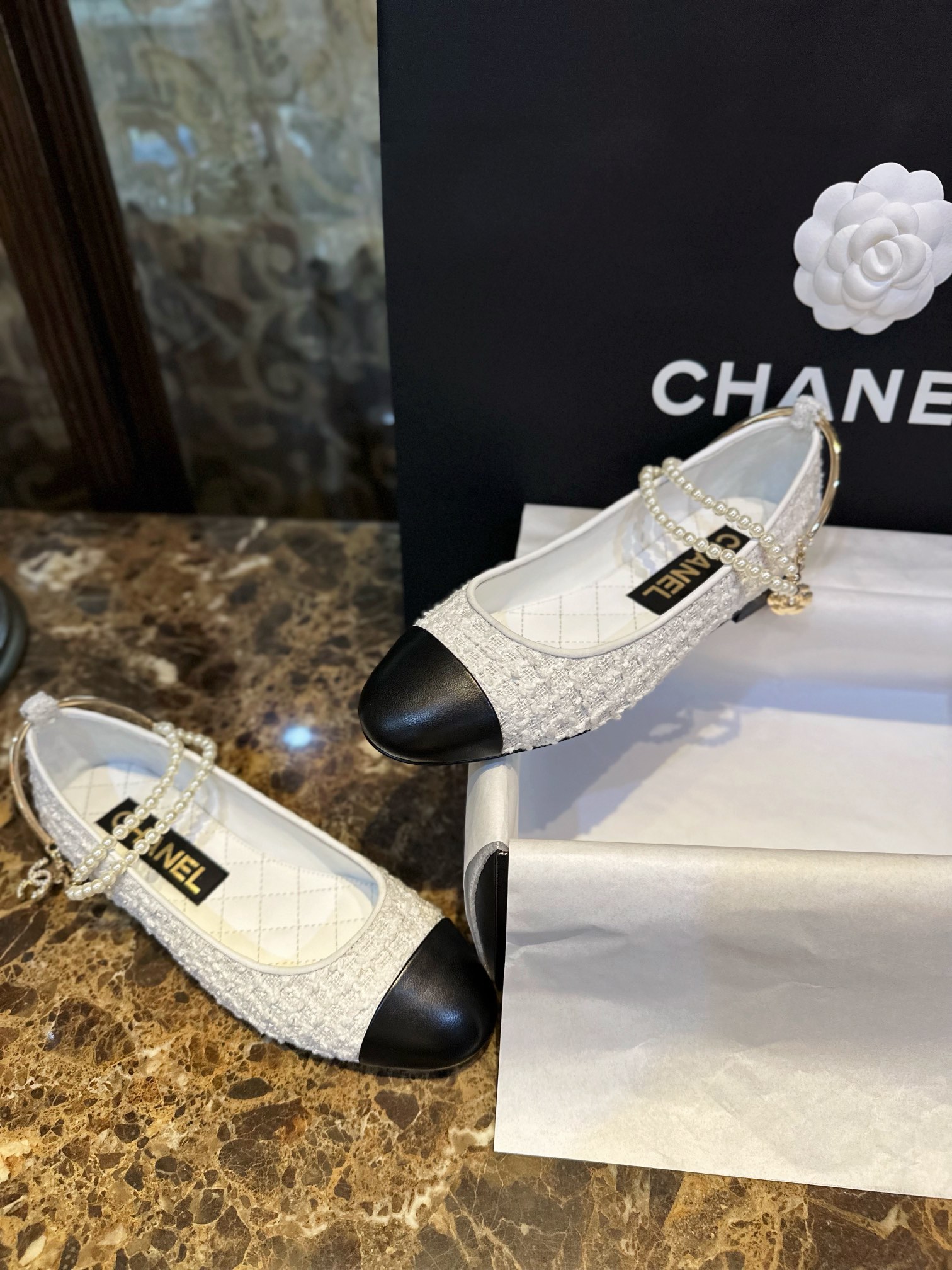 Chanel White Woolen Pearl Mary Janes - Crafted from Various Weights of Woolen Fabric, Contrast with Black Goat Leather