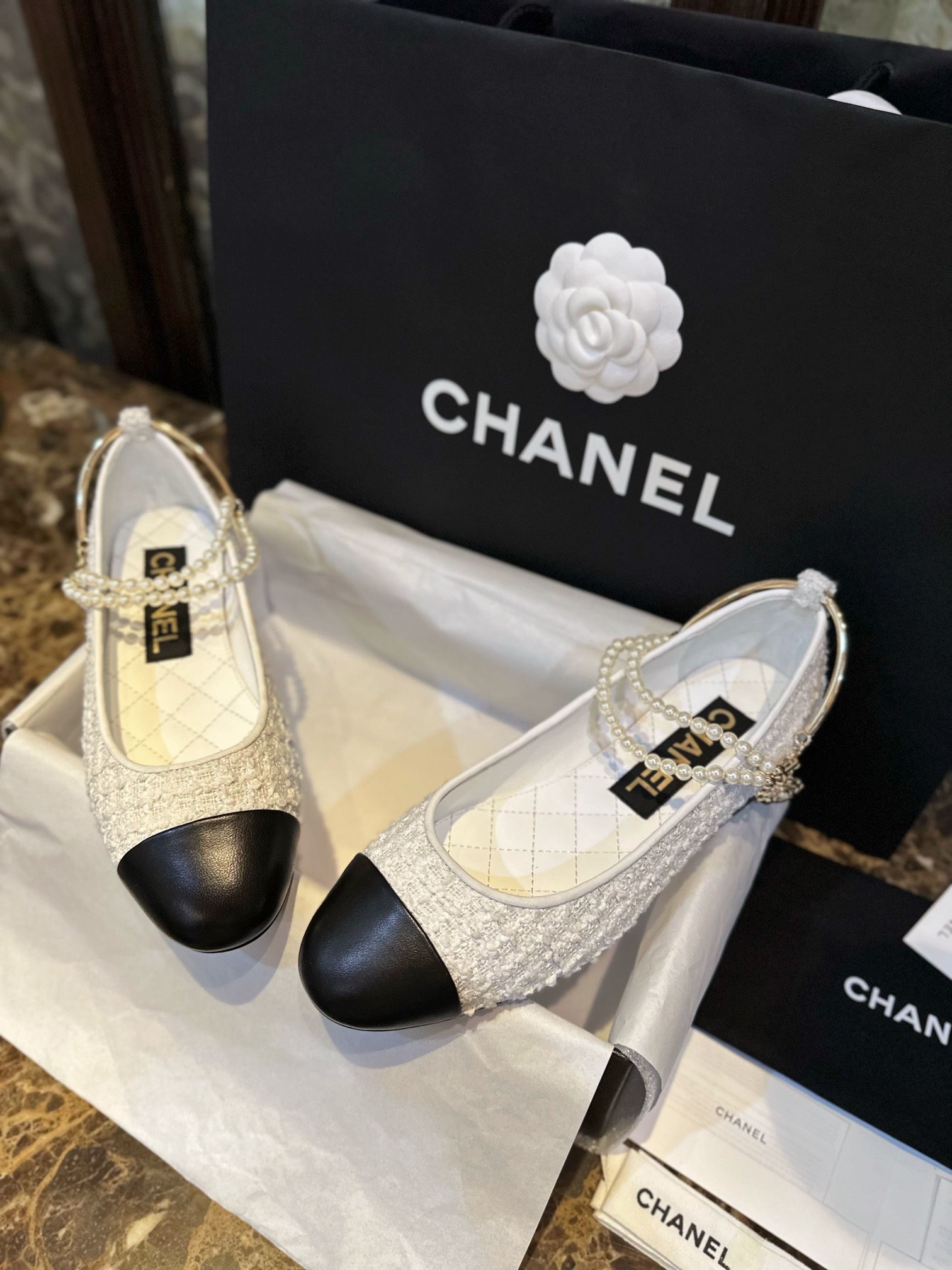 Chanel White Woolen Pearl Mary Janes - Crafted from Various Weights of Woolen Fabric, Contrast with Black Goat Leather