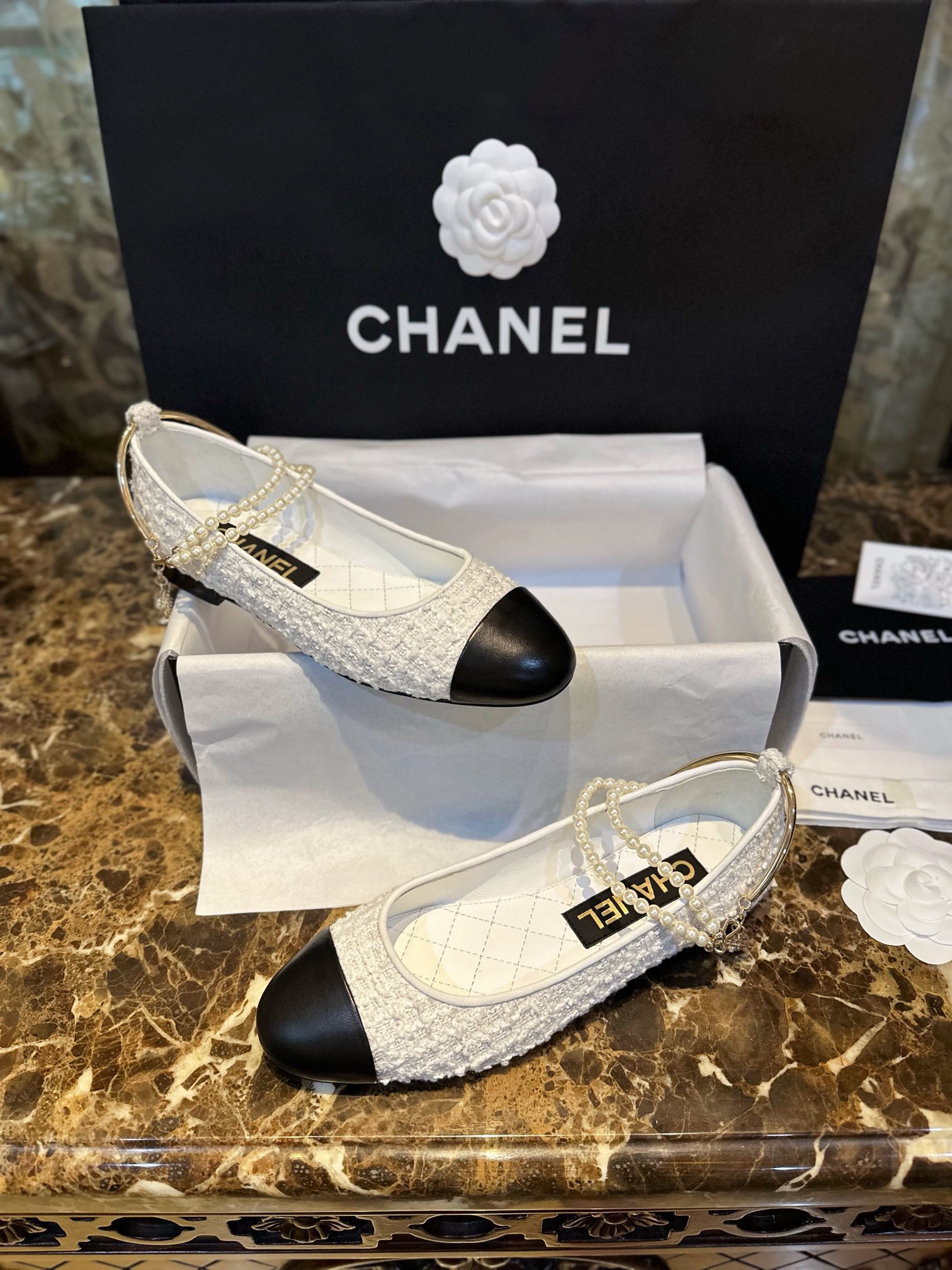 Chanel White Woolen Pearl Mary Janes - Crafted from Various Weights of Woolen Fabric, Contrast with Black Goat Leather