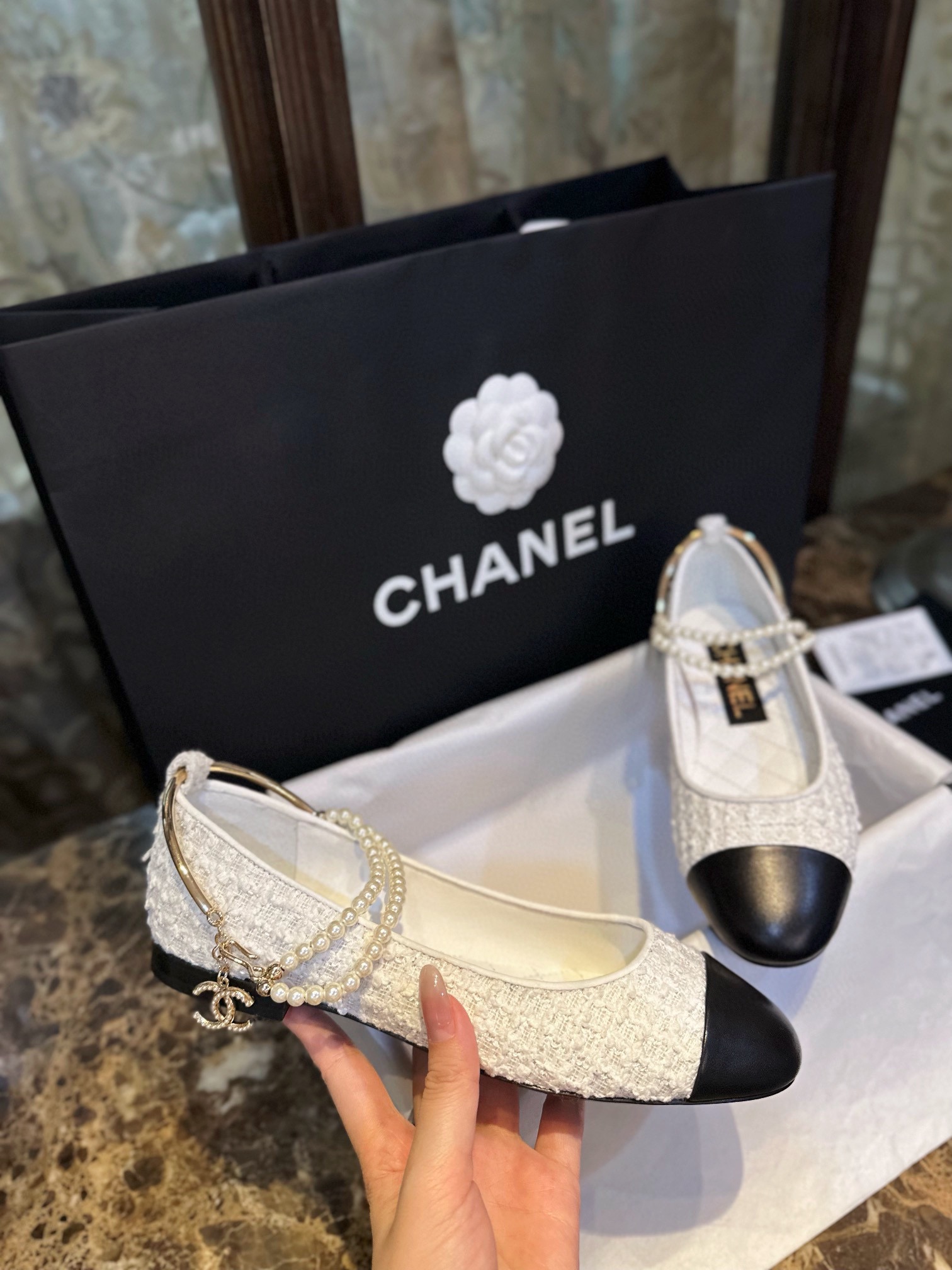 Chanel White Woolen Pearl Mary Janes - Crafted from Various Weights of Woolen Fabric, Contrast with Black Goat Leather