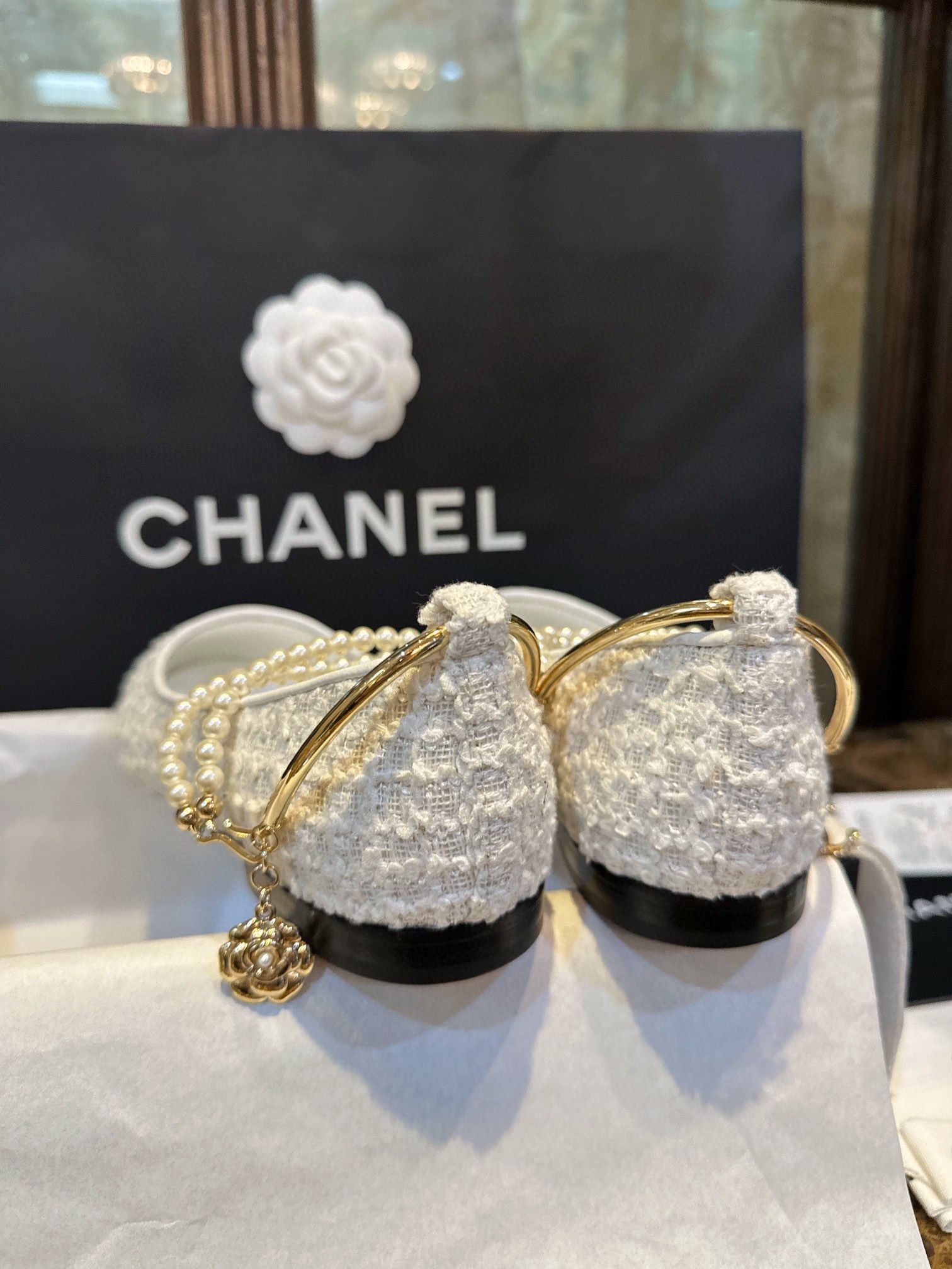 Chanel White Woolen Pearl Mary Janes - Crafted from Various Weights of Woolen Fabric, Contrast with Black Goat Leather