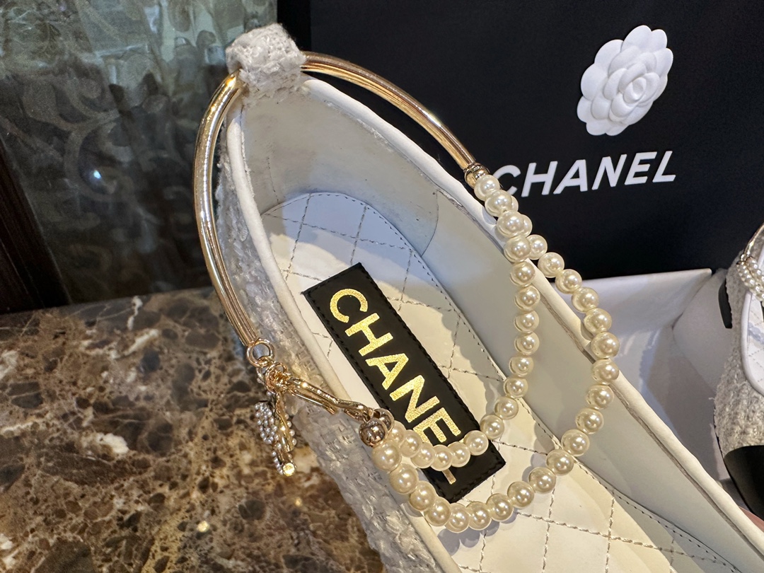 Chanel White Woolen Pearl Mary Janes - Crafted from Various Weights of Woolen Fabric, Contrast with Black Goat Leather