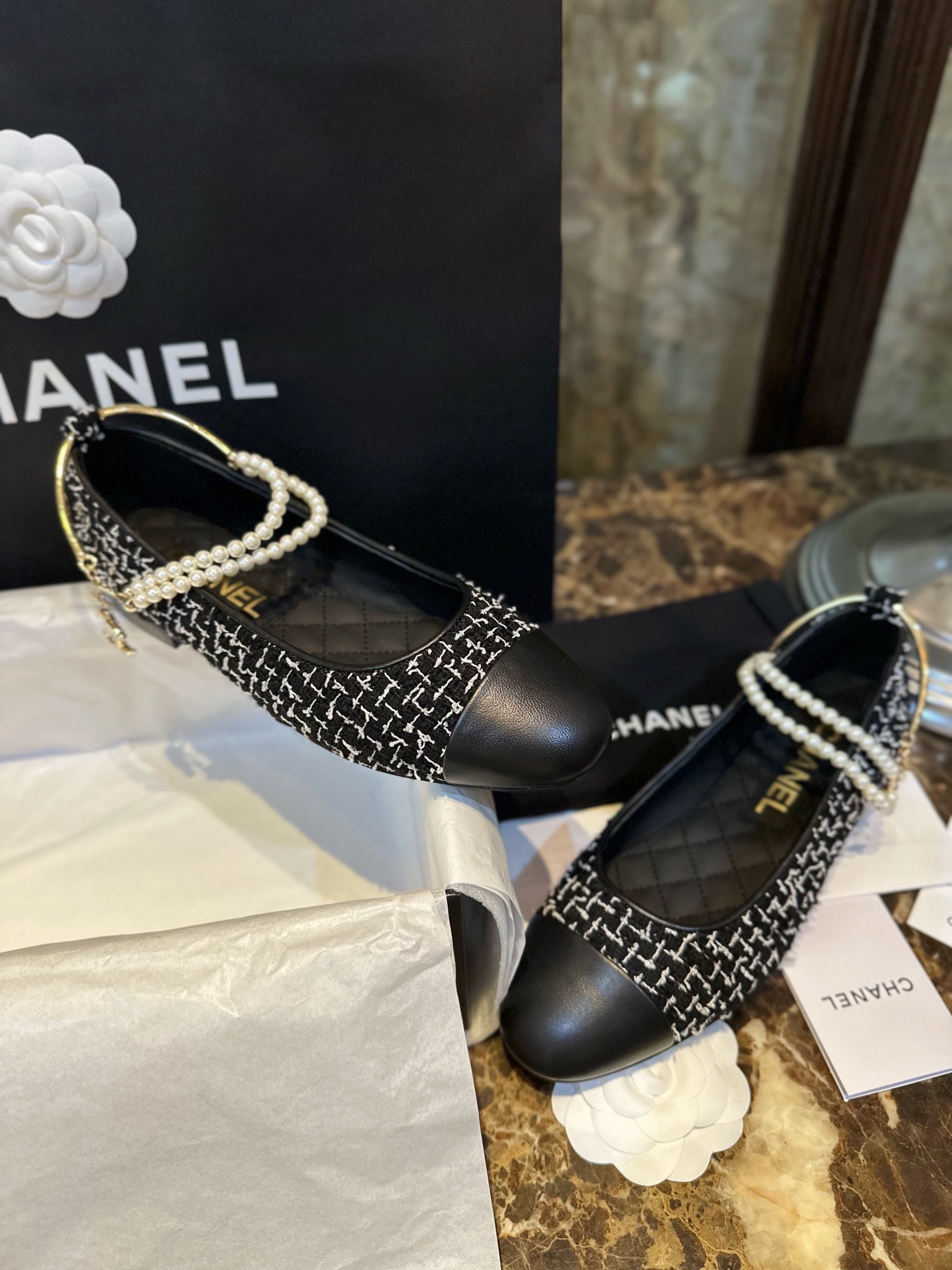 Chanel Black and White Checkered Tweed Pearl Mary Janes - Black and White Checkered Tweed Fabric Combined with Black Goat Leather Toe