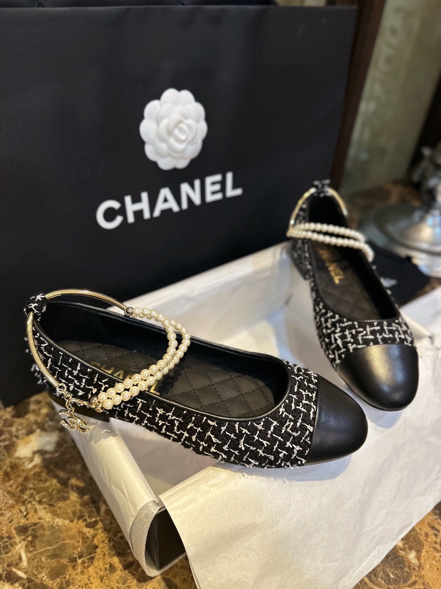 Chanel Black and White Checkered Tweed Pearl Mary Janes - Black and White Checkered Tweed Fabric Combined with Black Goat Leather Toe