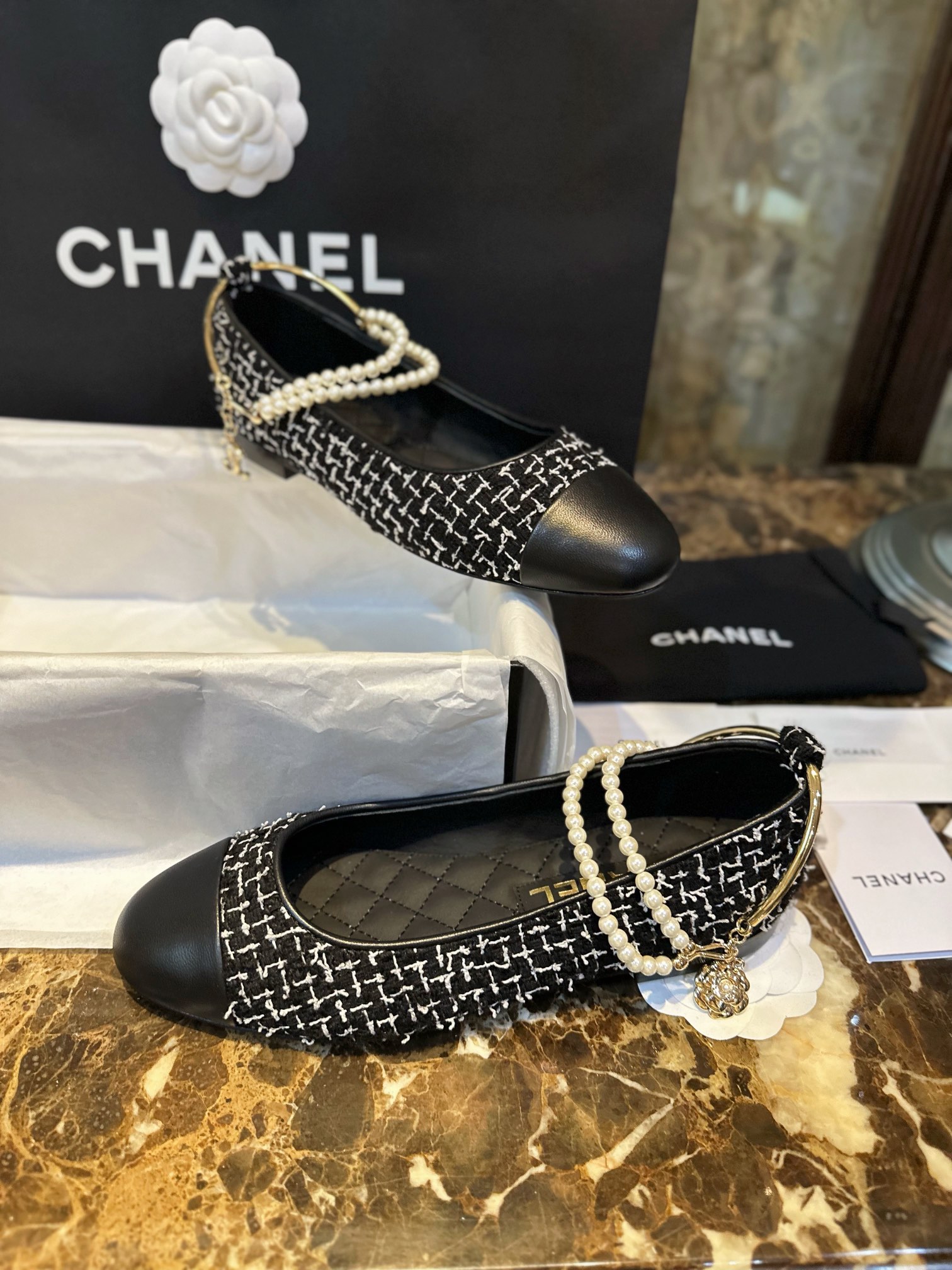 Chanel Black and White Checkered Tweed Pearl Mary Janes - Black and White Checkered Tweed Fabric Combined with Black Goat Leather Toe