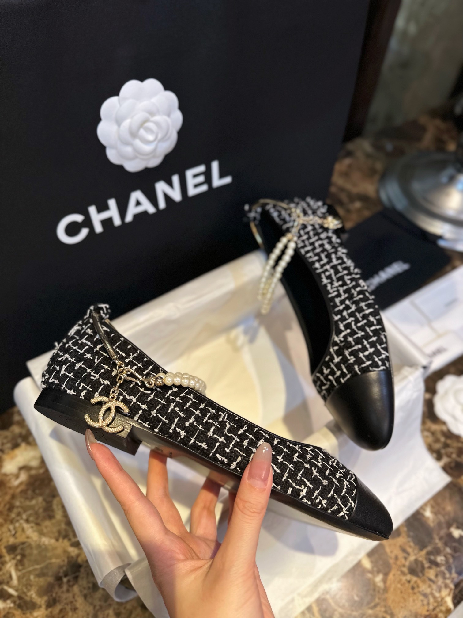 Chanel Black and White Checkered Tweed Pearl Mary Janes - Black and White Checkered Tweed Fabric Combined with Black Goat Leather Toe