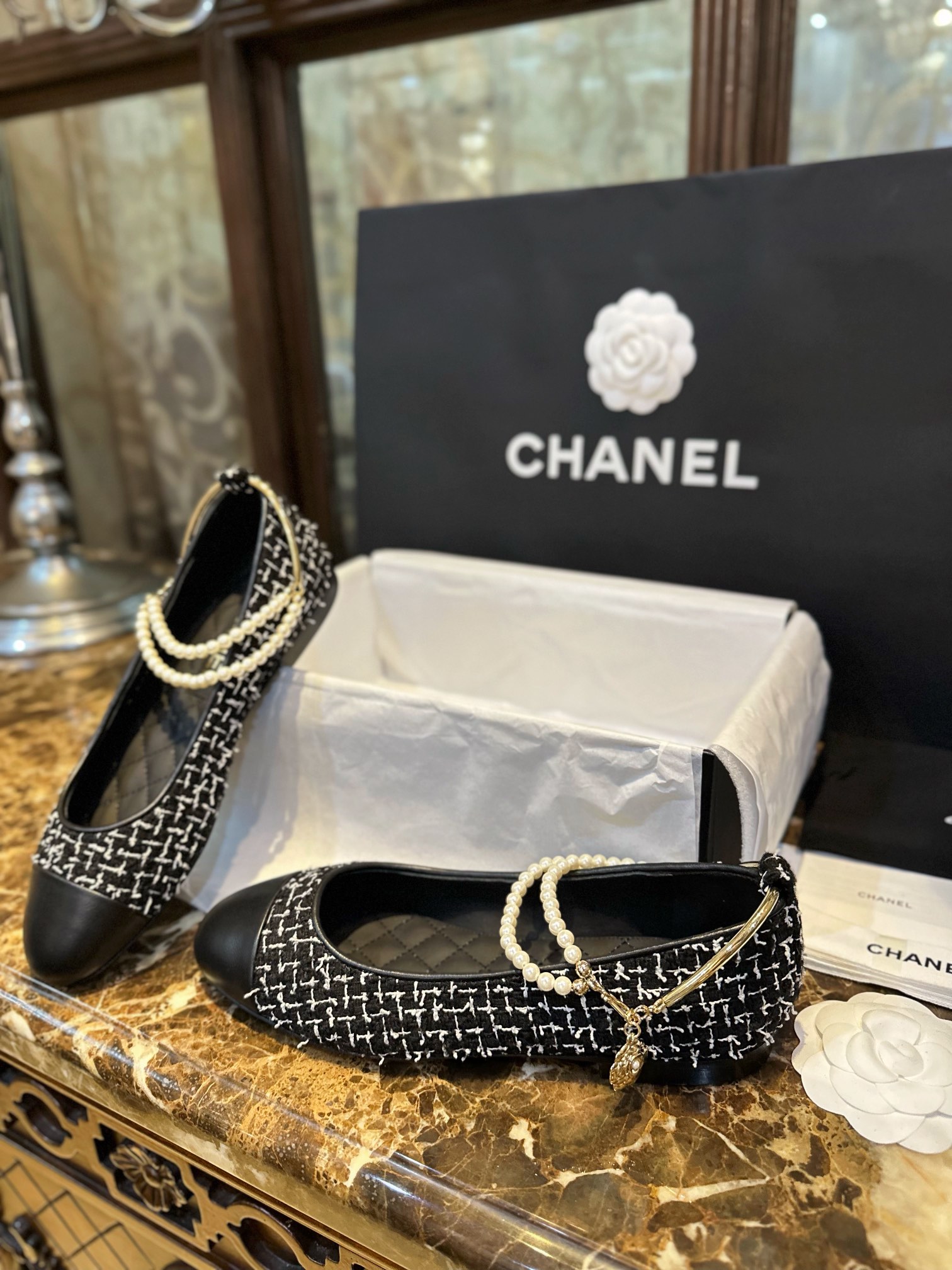 Chanel Black and White Checkered Tweed Pearl Mary Janes - Black and White Checkered Tweed Fabric Combined with Black Goat Leather Toe