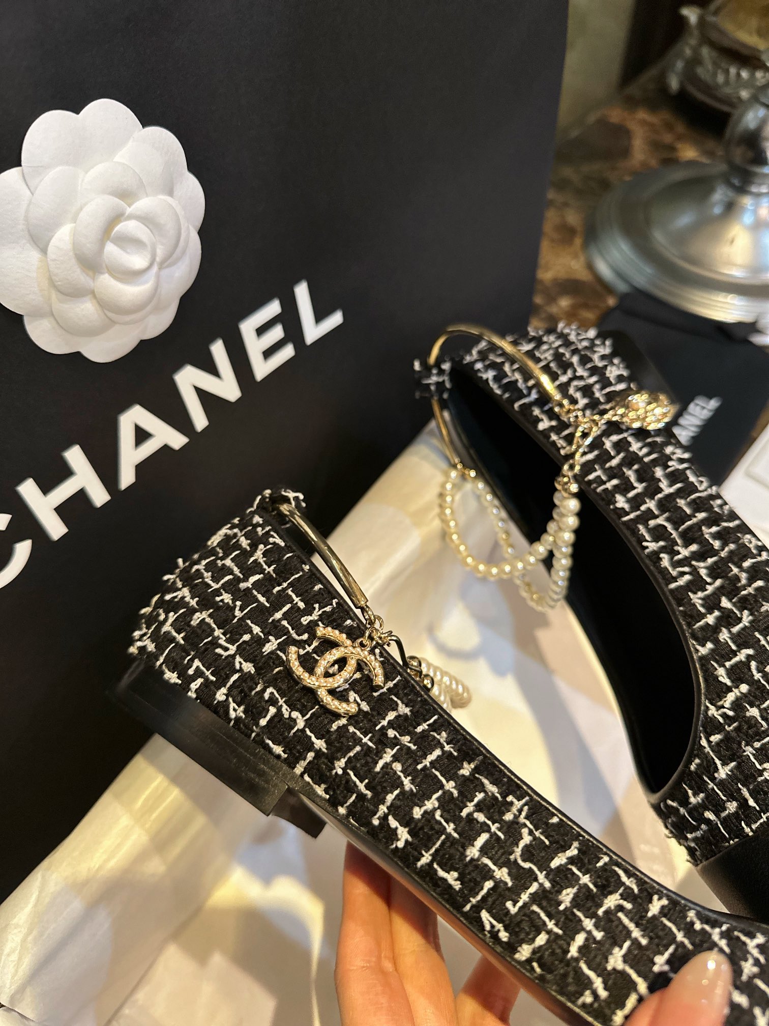 Chanel Black and White Checkered Tweed Pearl Mary Janes - Black and White Checkered Tweed Fabric Combined with Black Goat Leather Toe