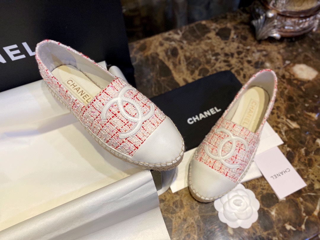 Chanel Sheepskin and Pink White Tweed Espadrilles Shoes