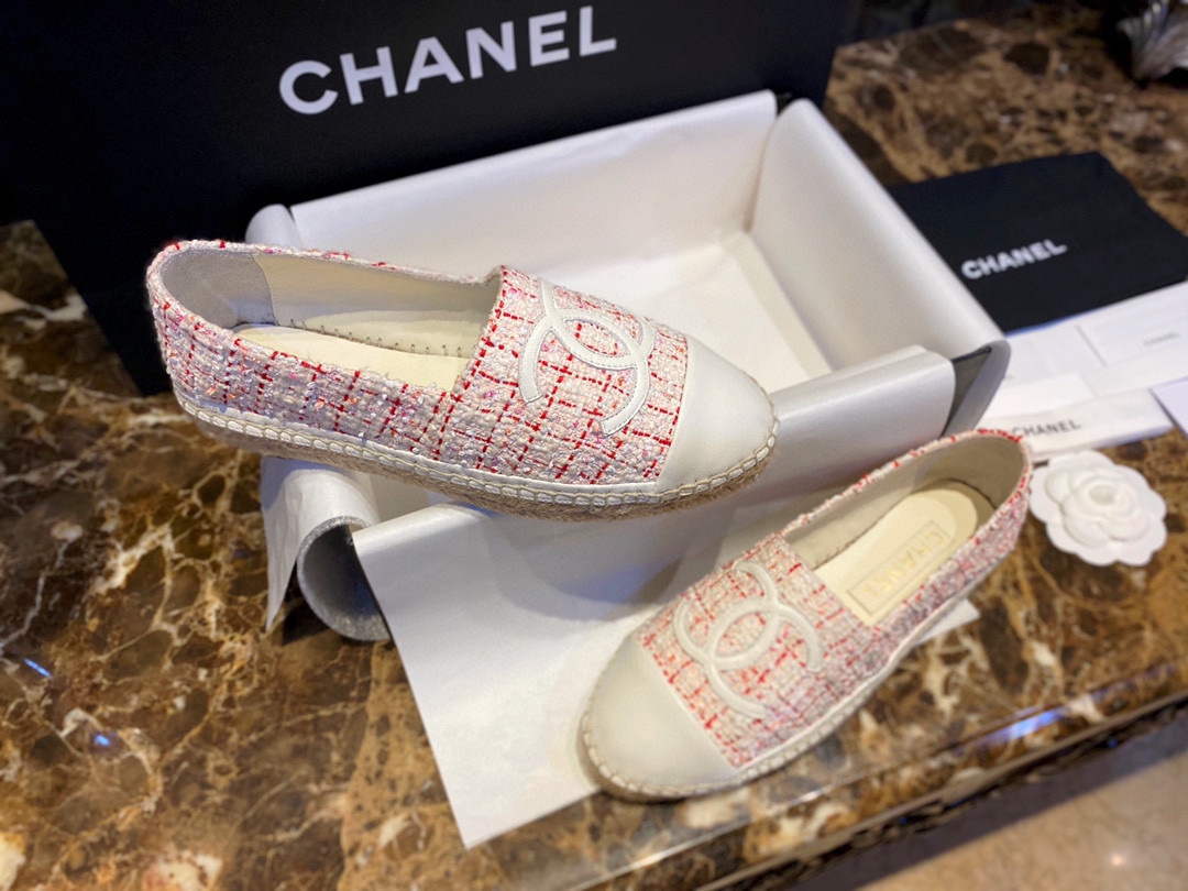 Chanel Sheepskin and Pink White Tweed Espadrilles Shoes