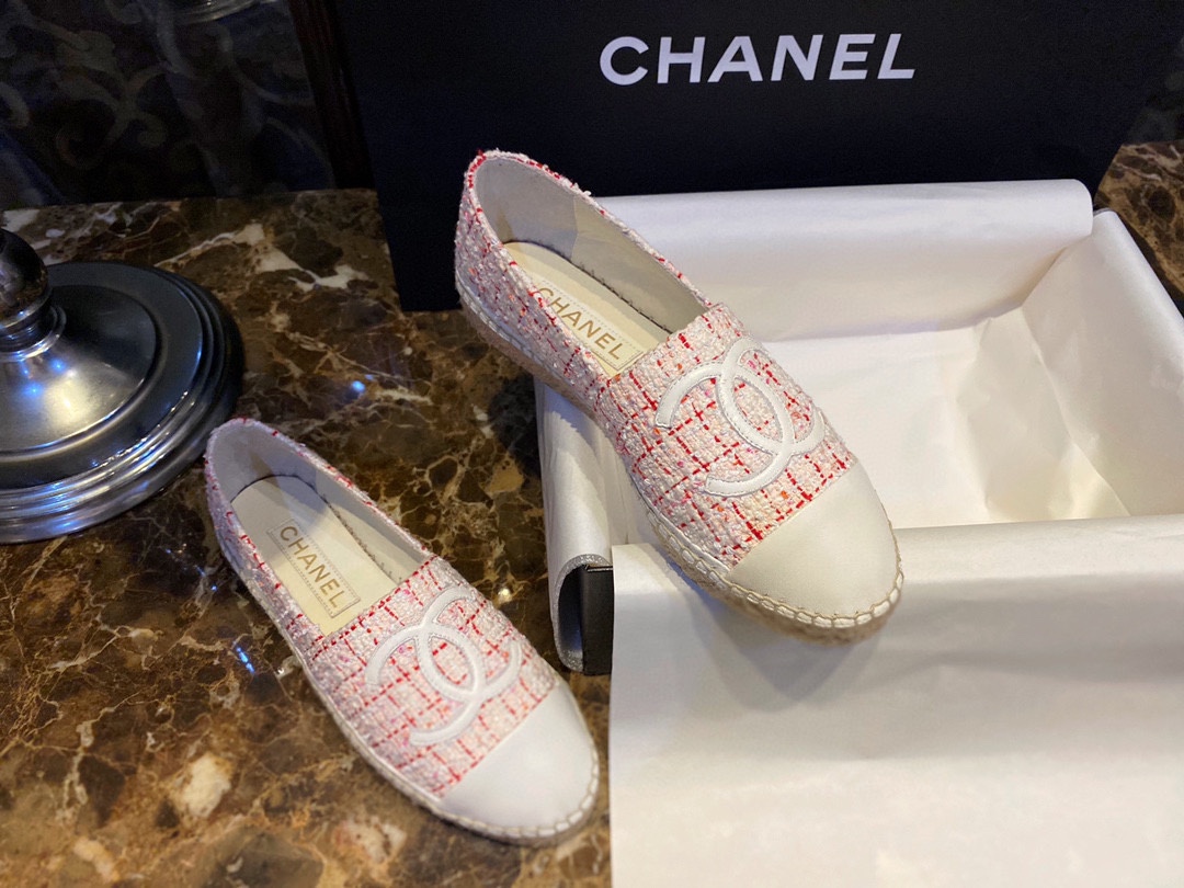 Chanel Sheepskin and Pink White Tweed Espadrilles Shoes