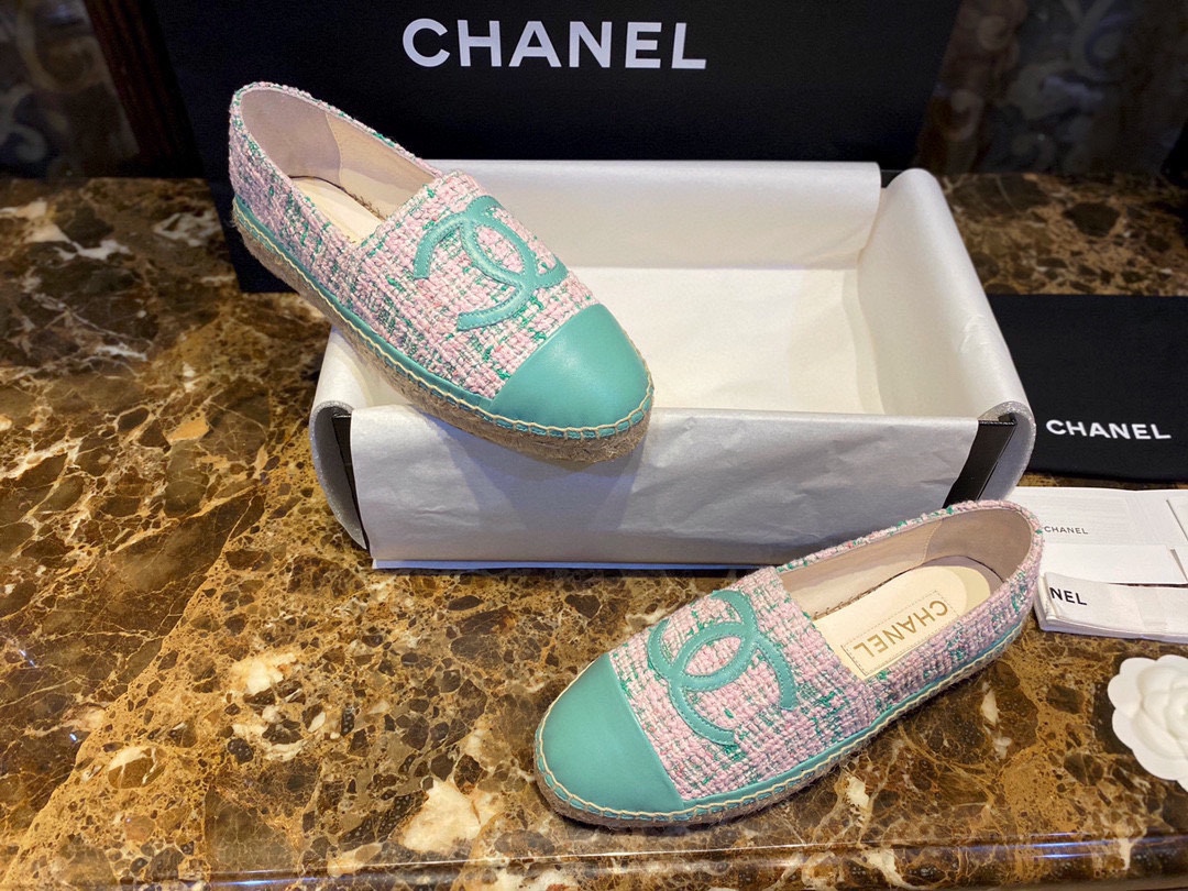 Chanel Sheepskin and Pink Green Tweed Half-Loafer Espadrilles Shoes