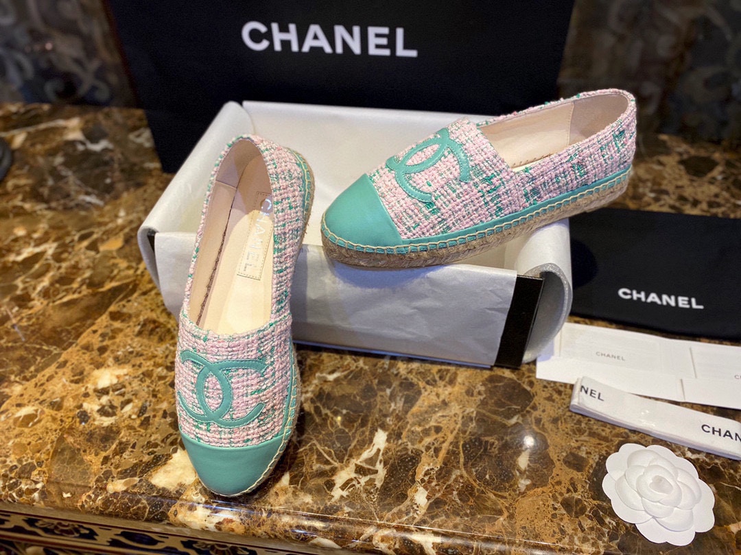 Chanel Sheepskin and Pink Green Tweed Half-Loafer Espadrilles Shoes