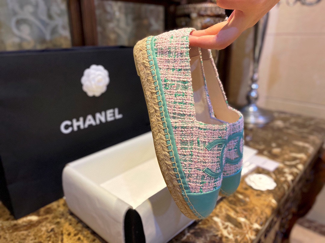 Chanel Sheepskin and Pink Green Tweed Half-Loafer Espadrilles Shoes