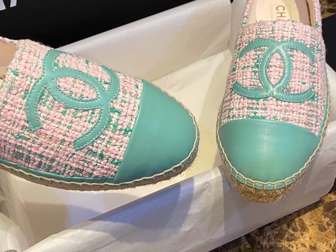 Chanel Sheepskin and Pink Green Tweed Half-Loafer Espadrilles Shoes