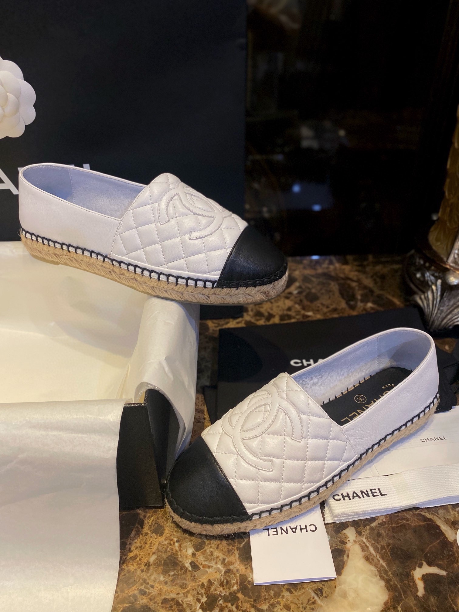 Chanel Diamond White Sheepskin Espadrilles Shoes