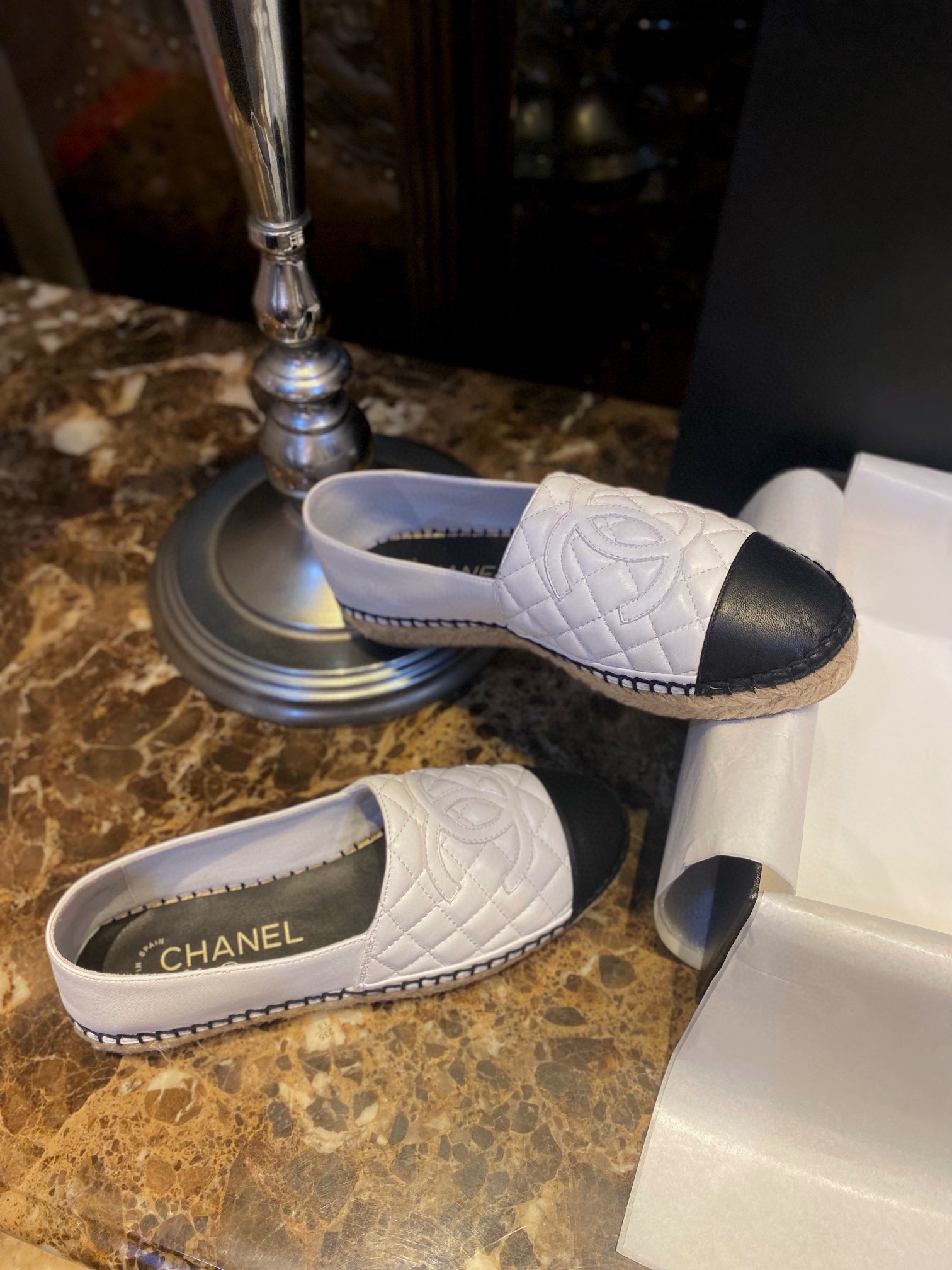 Chanel Diamond White Sheepskin Espadrilles Shoes