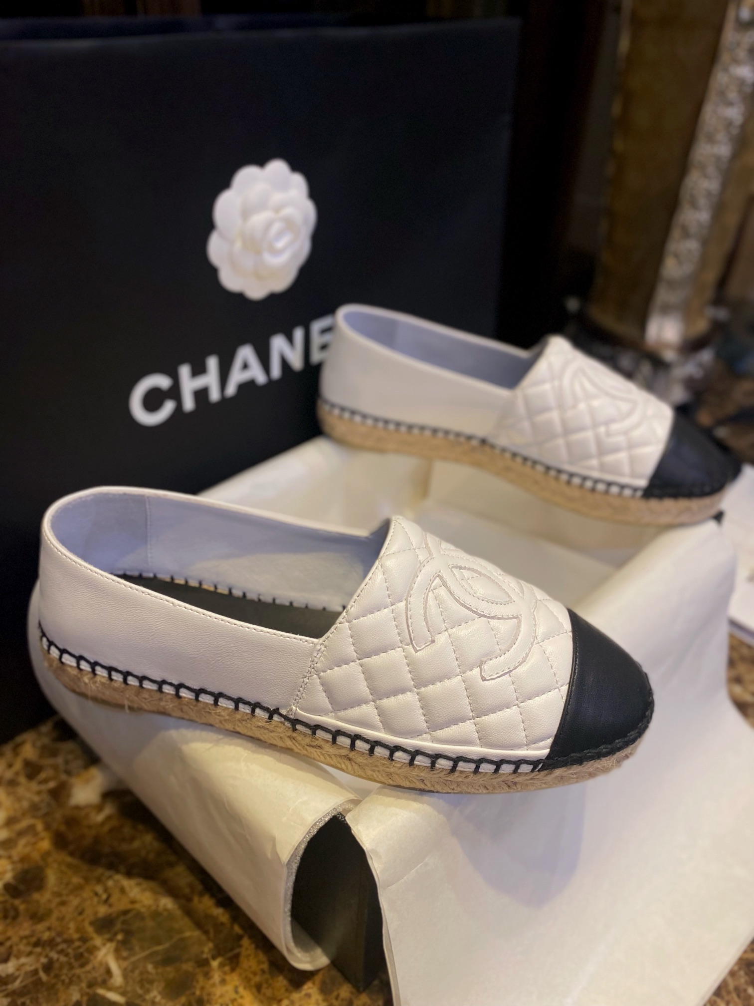 Chanel Diamond White Sheepskin Espadrilles Shoes