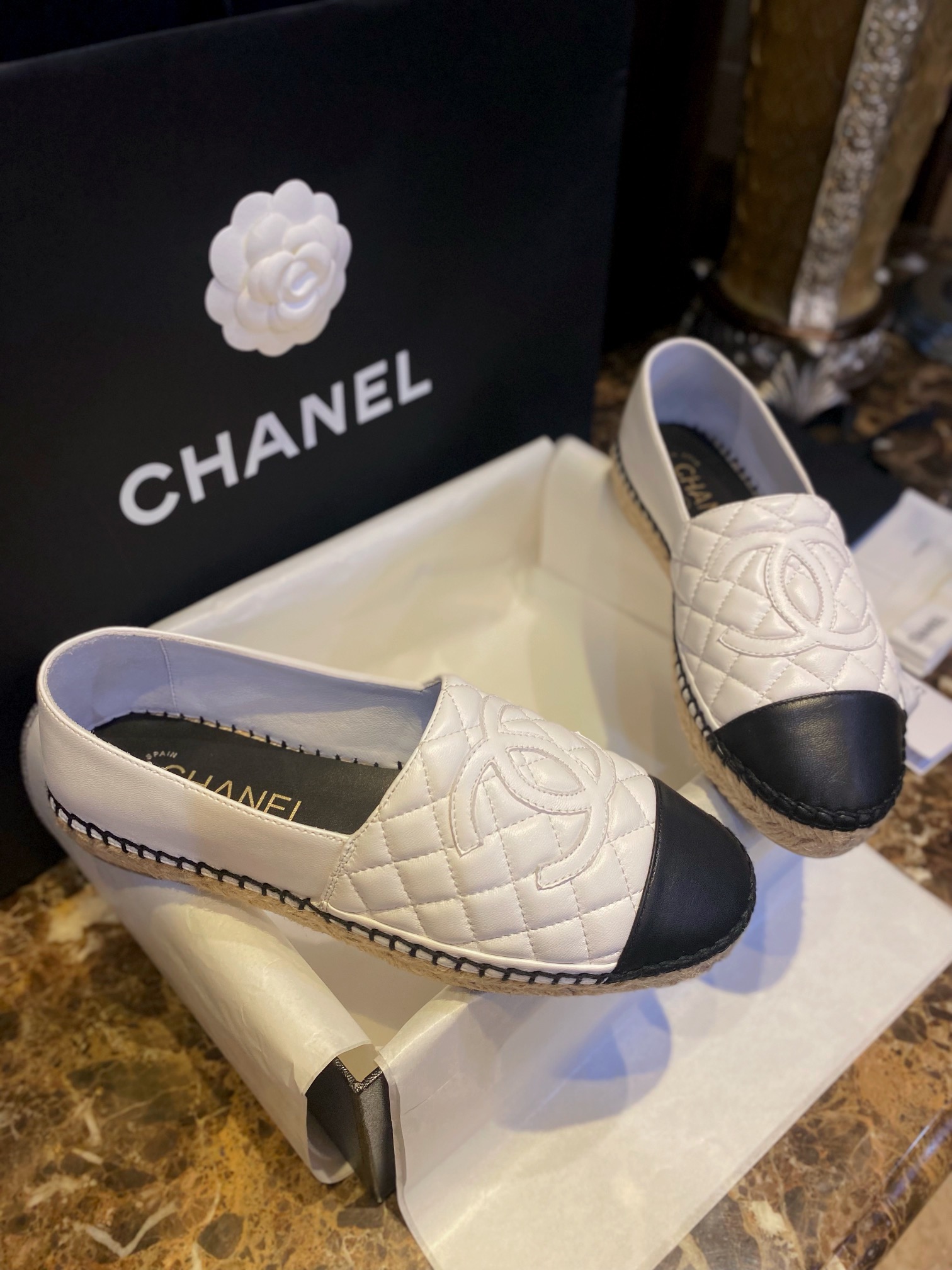 Chanel Diamond White Sheepskin Espadrilles Shoes