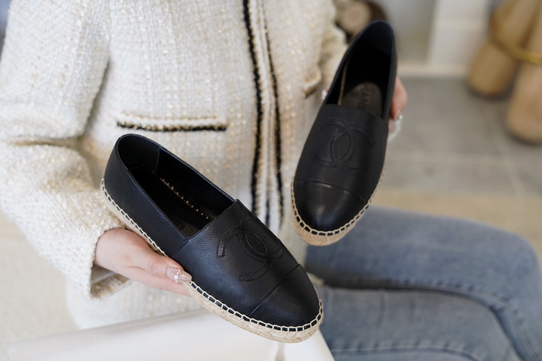 Chanel Black Calf Leather Espadrilles Shoes