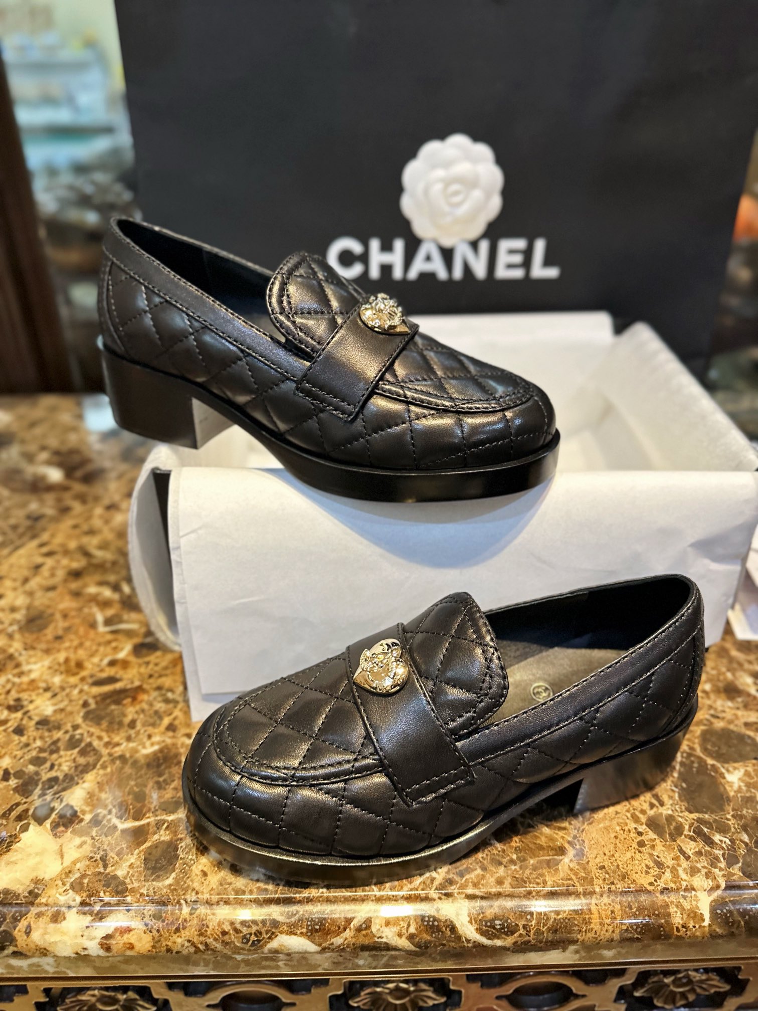 Chanel Diamond Heart Buckle Loafers