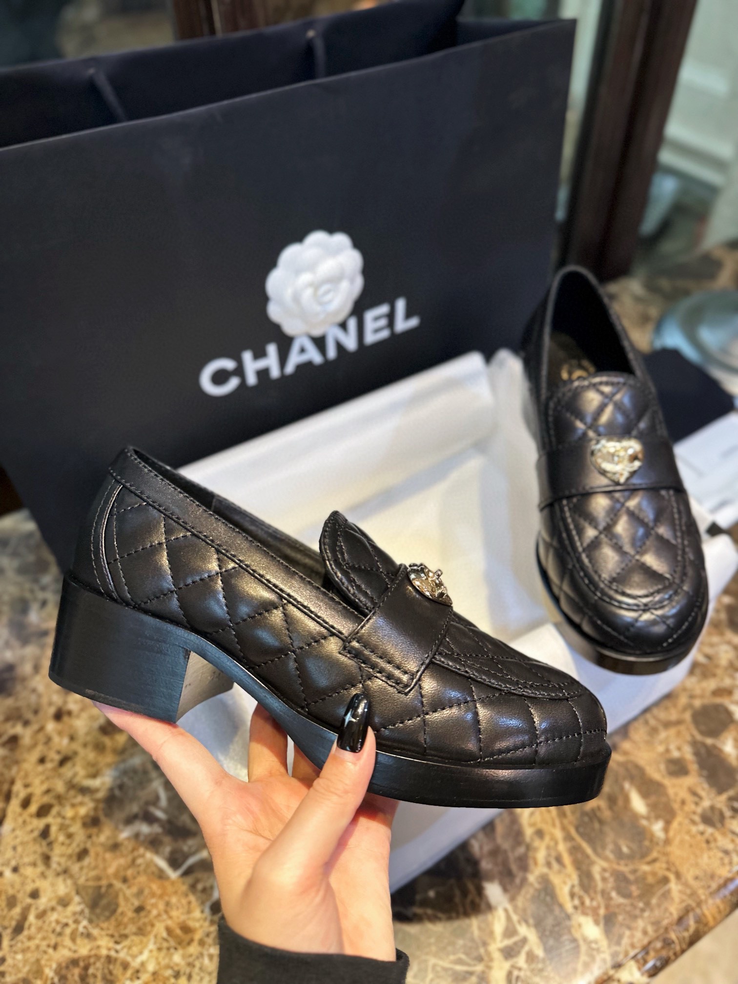 Chanel Diamond Heart Buckle Loafers