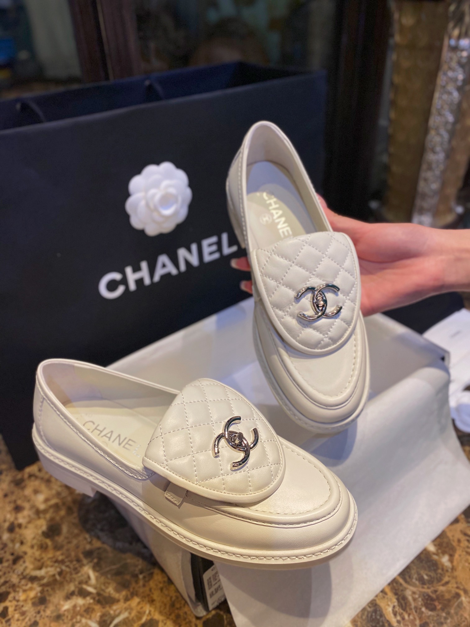 Chanel Glossy Patent Leather Heart-shaped Gold Buckle Loafers