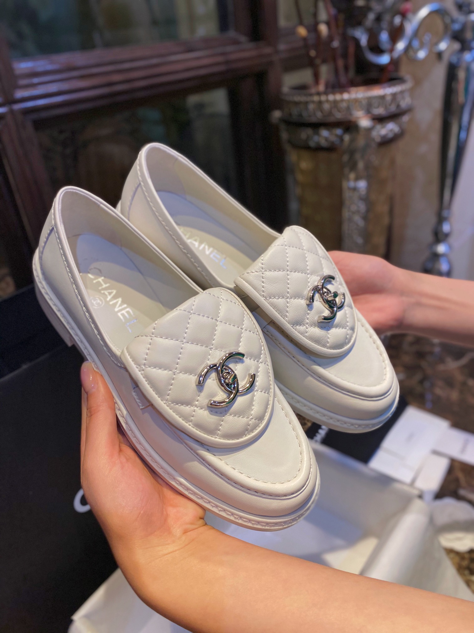 Chanel Glossy Patent Leather Heart-shaped Gold Buckle Loafers