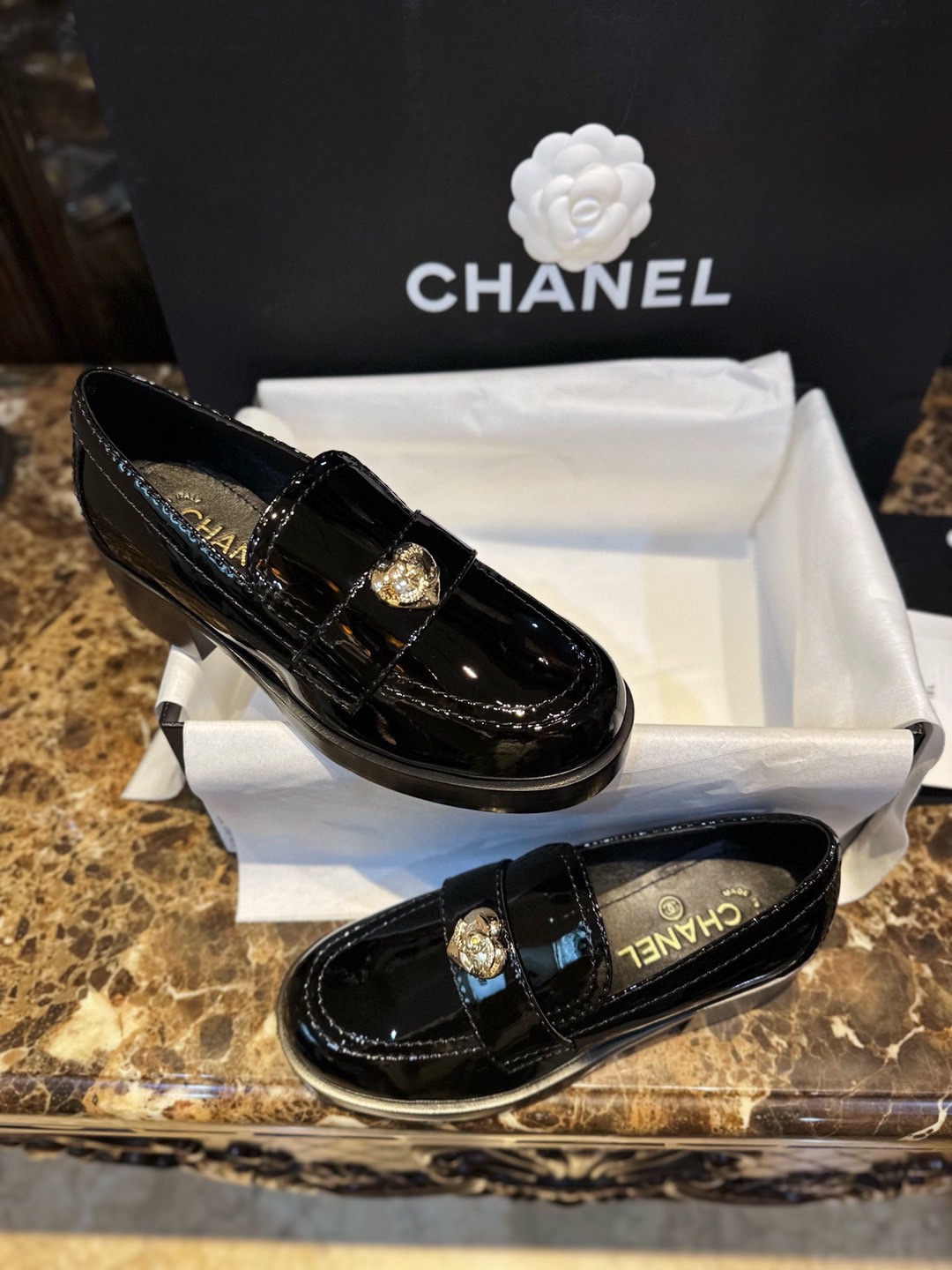 Chanel Patent Leather Heart Buckle Loafers