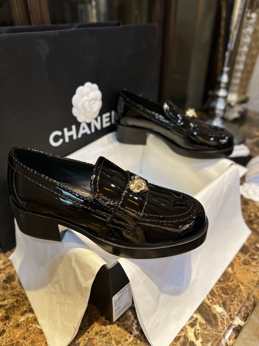 Chanel Patent Leather Heart Buckle Loafers