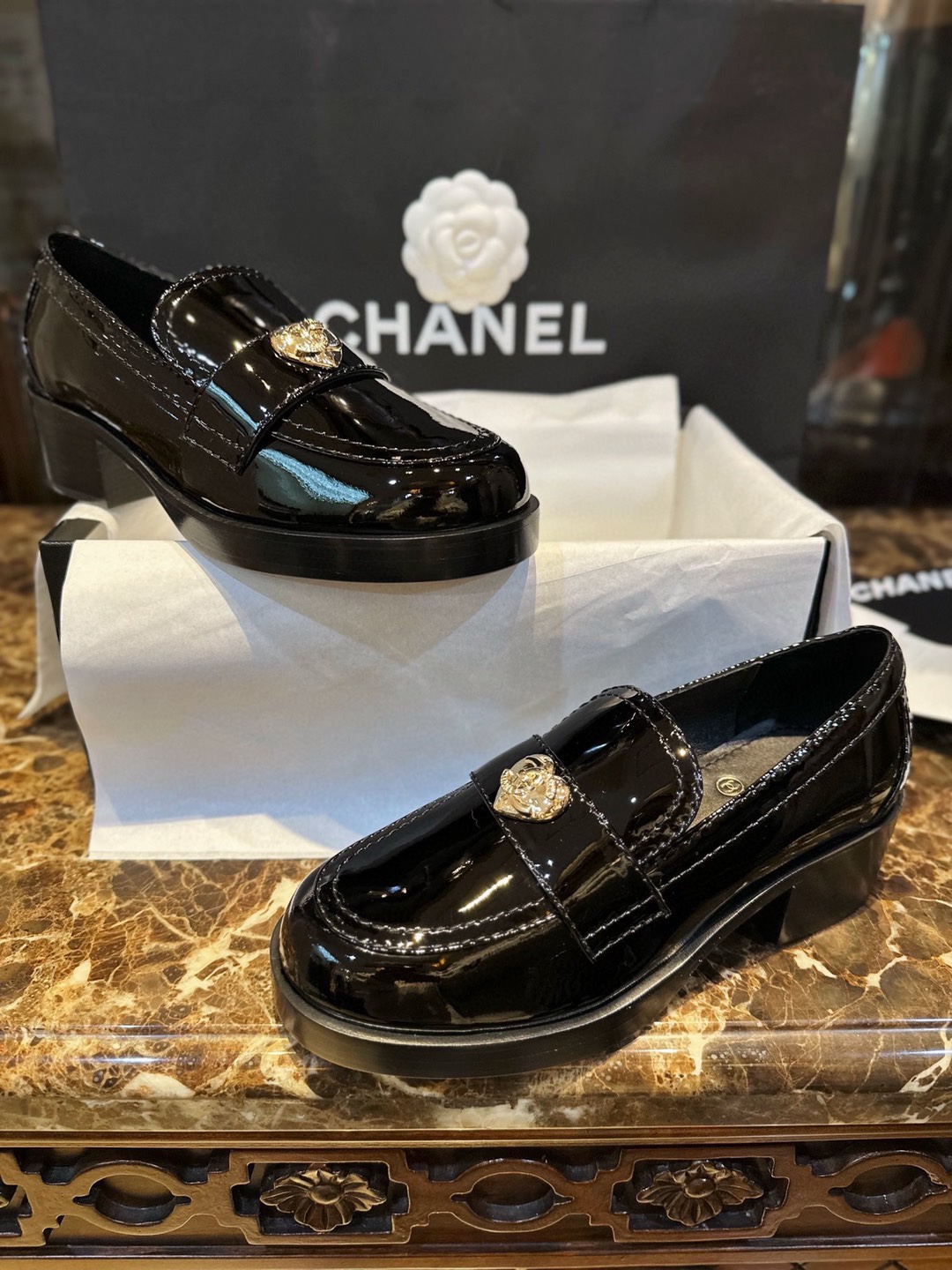 Chanel Patent Leather Heart Buckle Loafers