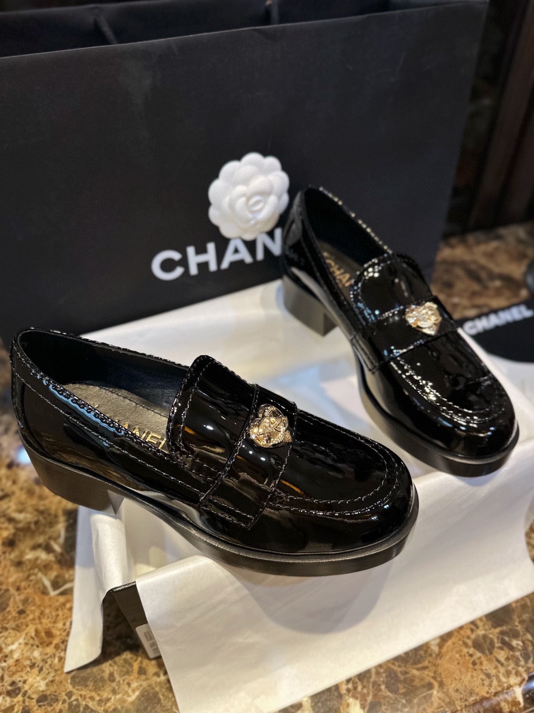 Chanel Patent Leather Heart Buckle Loafers