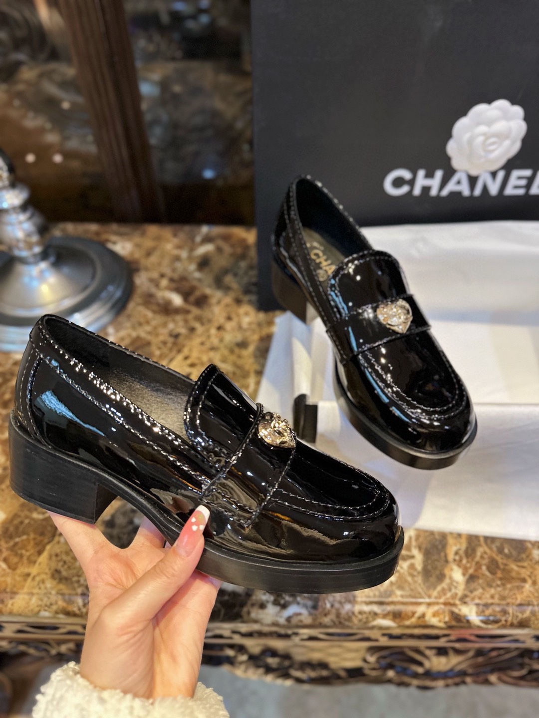 Chanel Patent Leather Heart Buckle Loafers