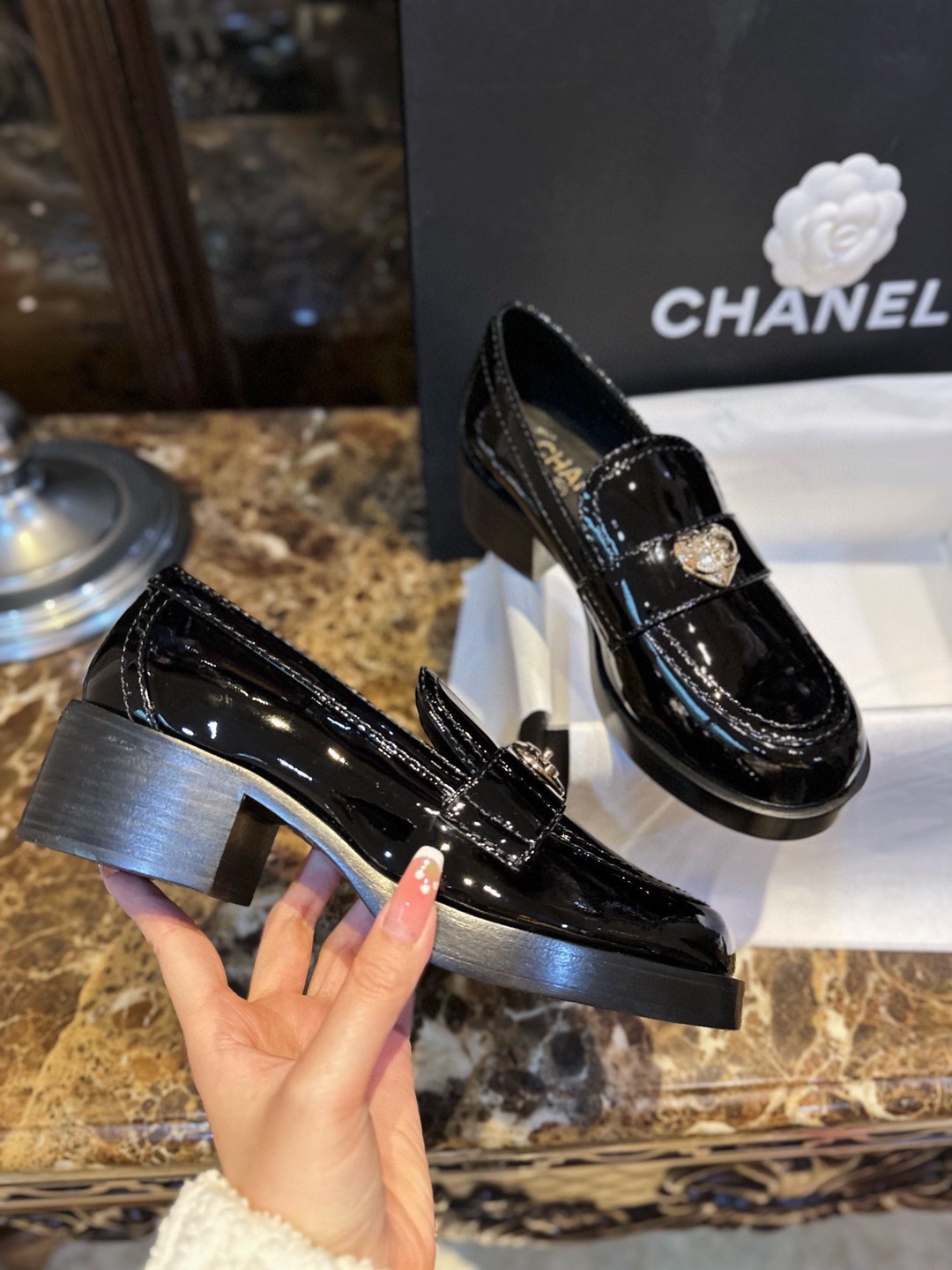 Chanel Patent Leather Heart Buckle Loafers